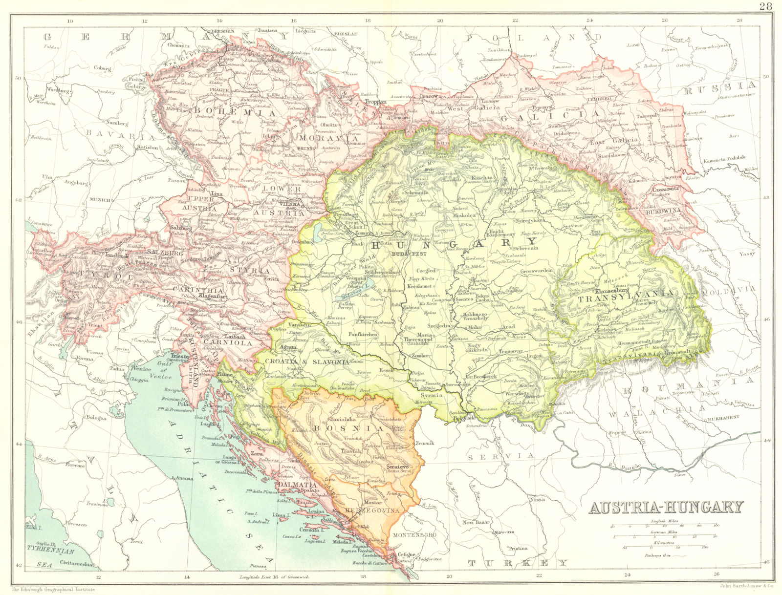 AUSTRIA-HUNGARY. Bosnia Dalmatia Bohemia Galicia Tyrol Moravia Styria 1909 map