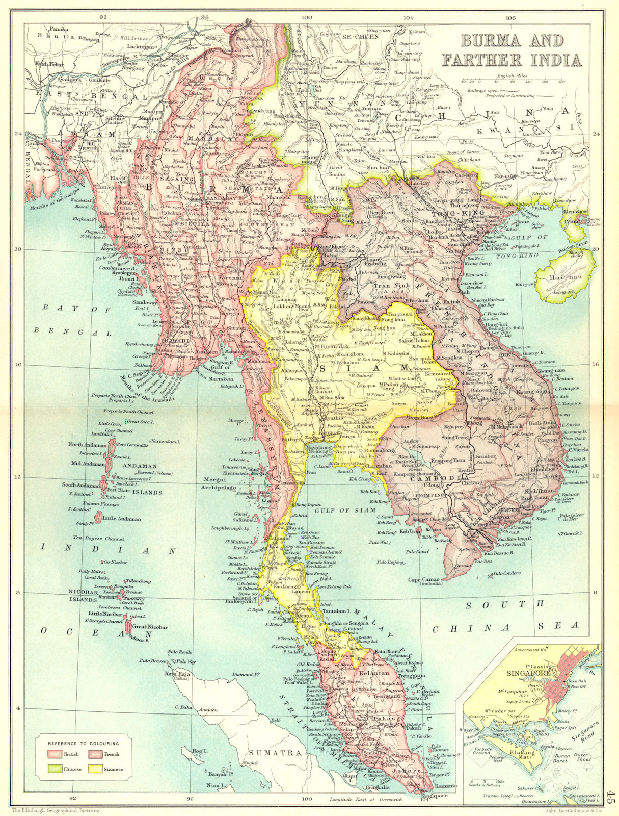 INDOCHINA.Burma Siam Thailand Vietnam French Indochina; Singapore 1909 old map