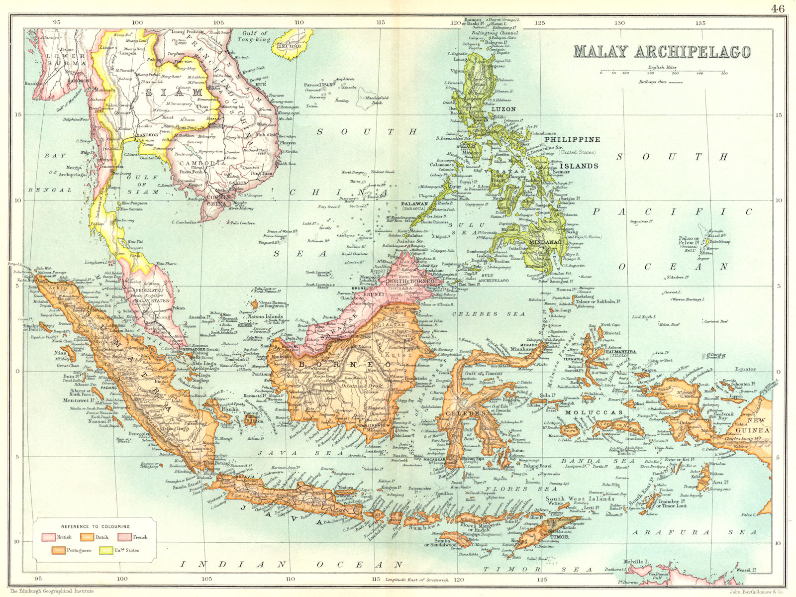 MALAY ARCHIPELAGO Indonesia Philippines Malaya Indochina British Dutch 1909 map