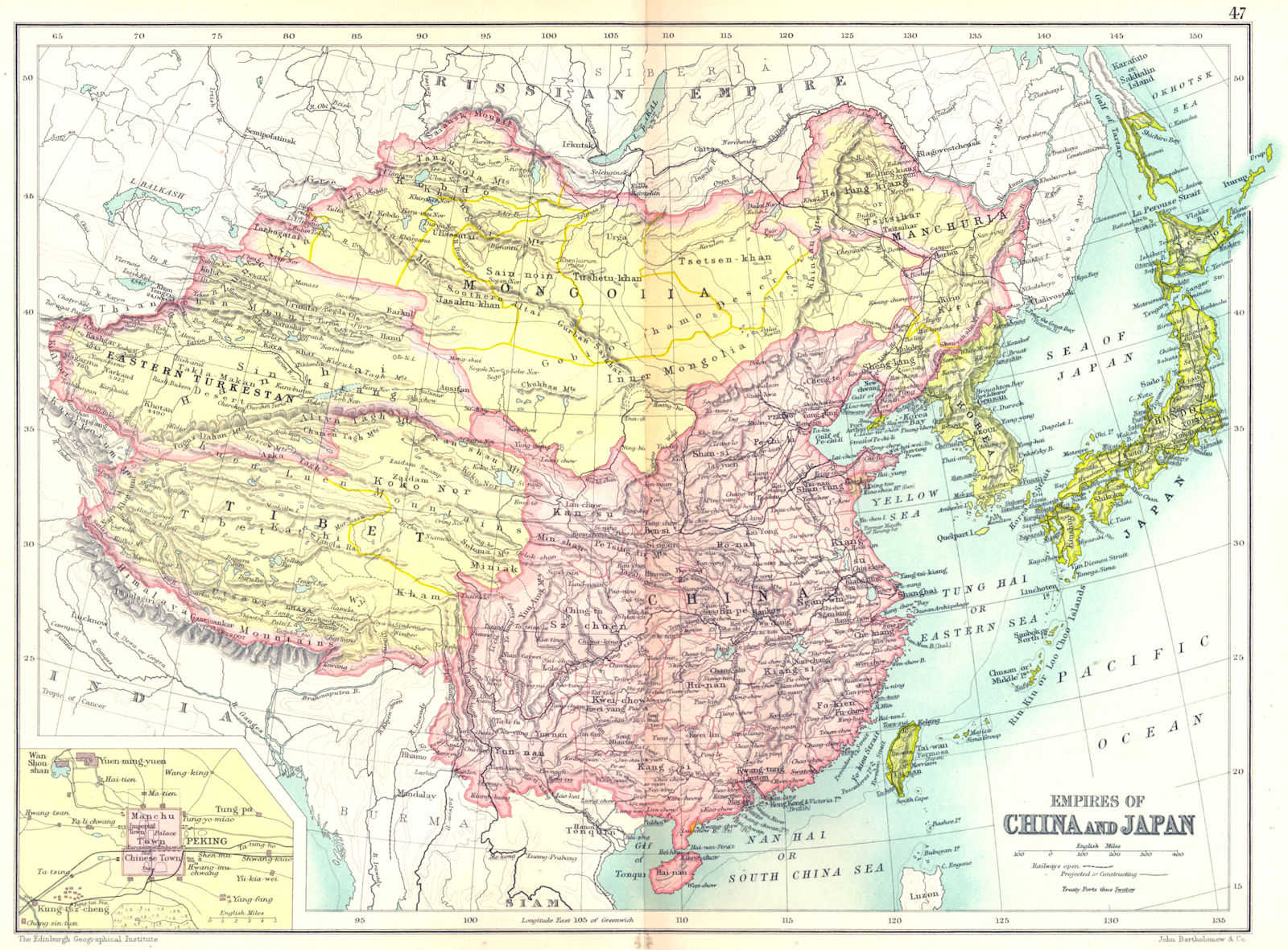 Associate Product CHINA & JAPAN. Empires; Inset Beijing Peking. Tibet Mongolia Manchuria 1909 map