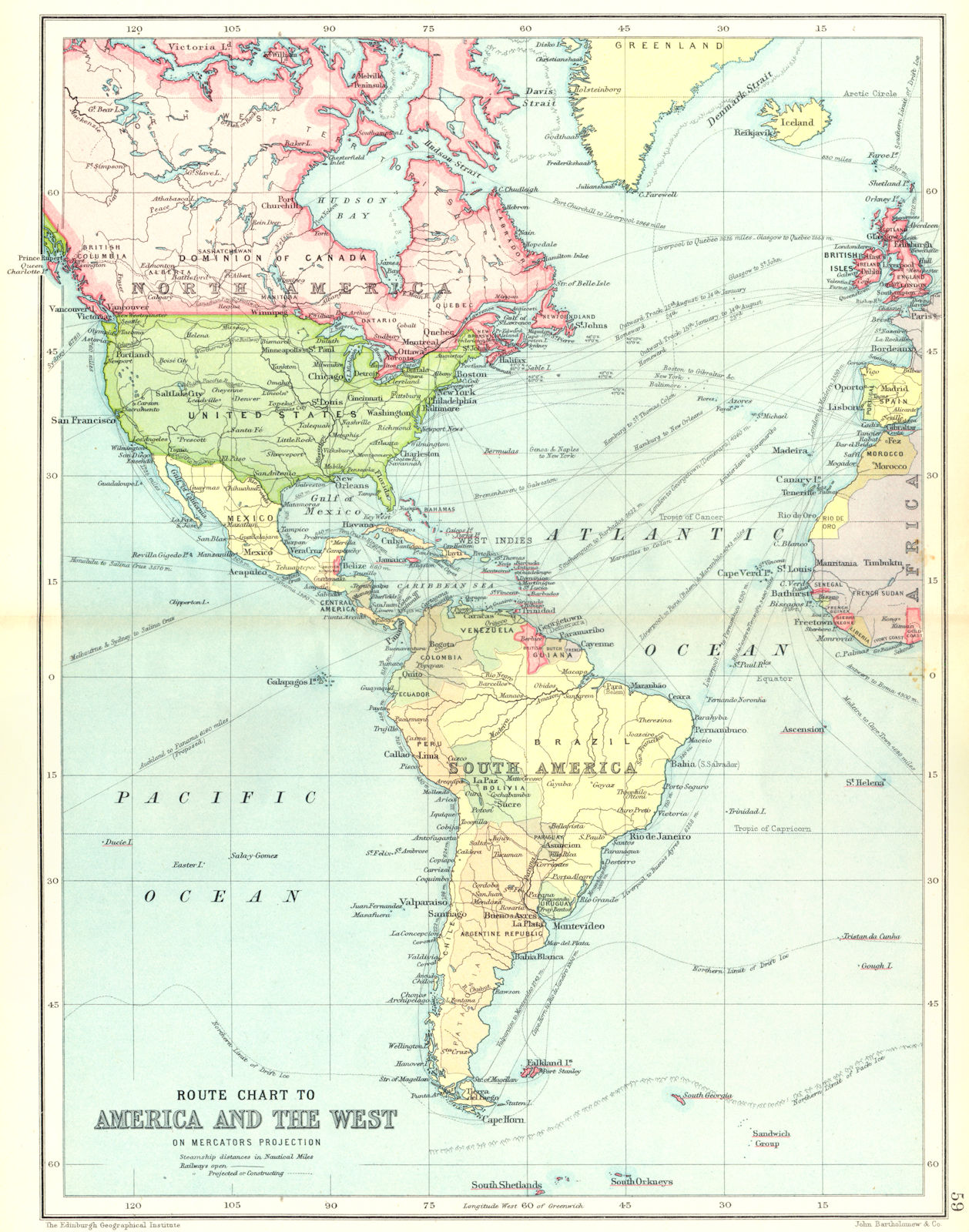 Associate Product AMERICAS ATLANTIC. Steamship routes between Europe and the Americas 1909 map