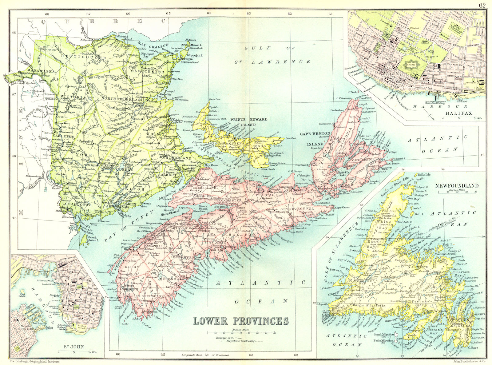 Associate Product CANADA. New Brunswick Nova Scotia; St John; Halifax; Newfoundland 1909 old map