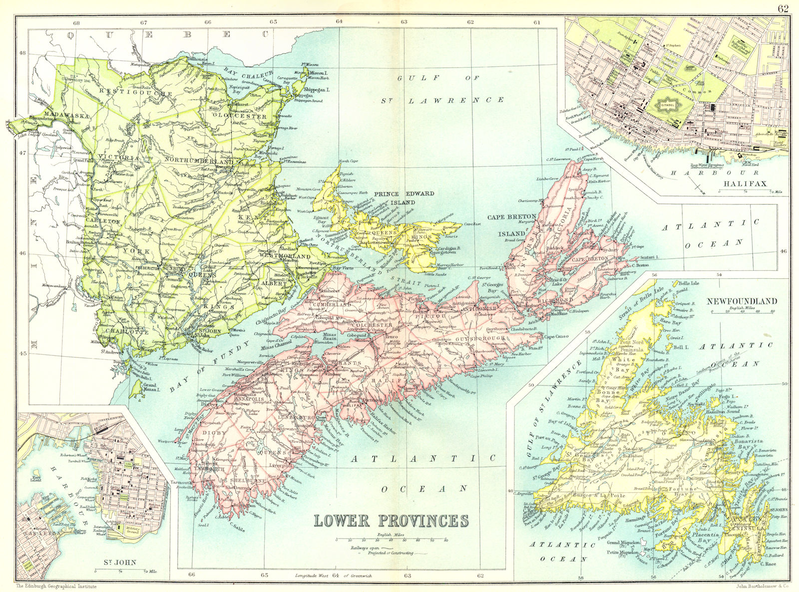 CANADA. New Brunswick Nova Scotia; St John; Halifax; Newfoundland 1909 old map