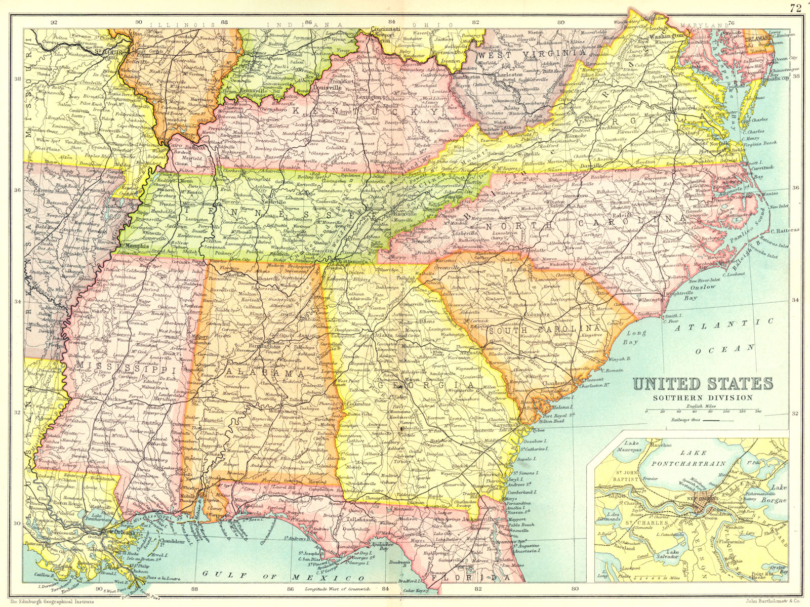 Associate Product USA SOUTH EAST. United States. Showing railways; Inset New Orleans 1909 map