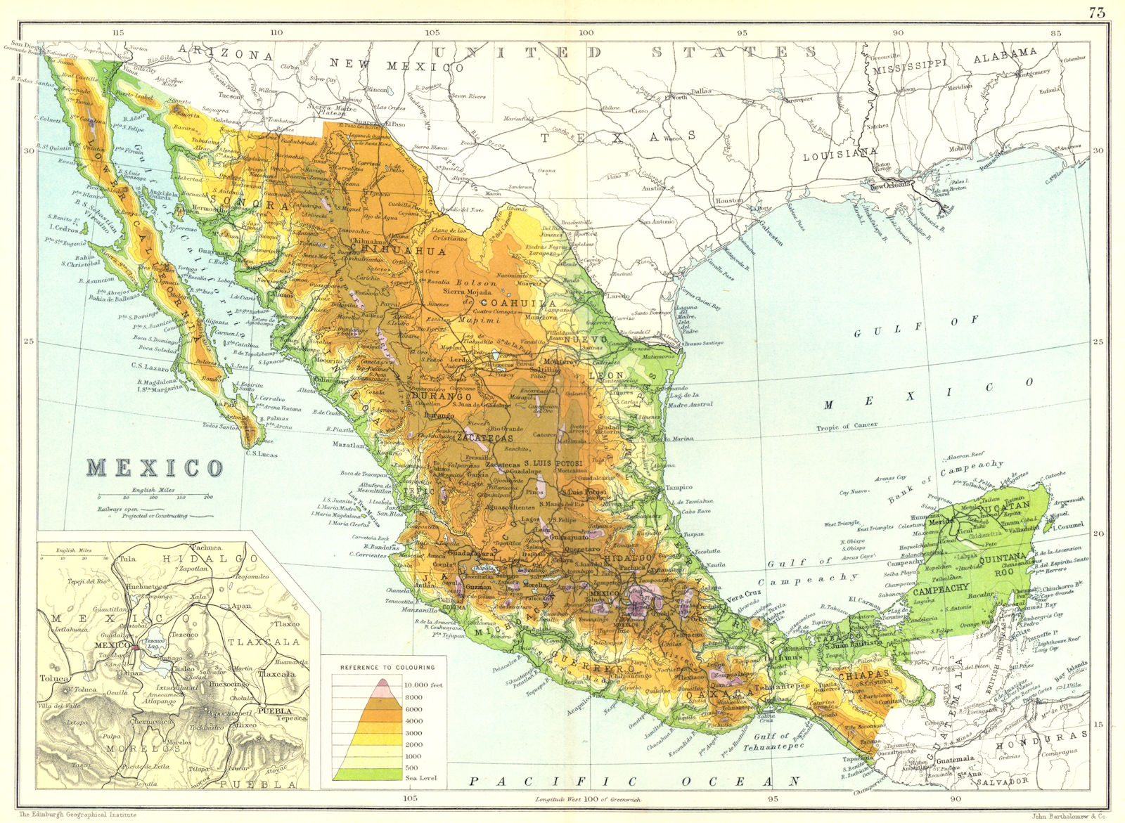 Associate Product MEXICO. Physical map. Inset map of Mexico City area 1909 old antique chart