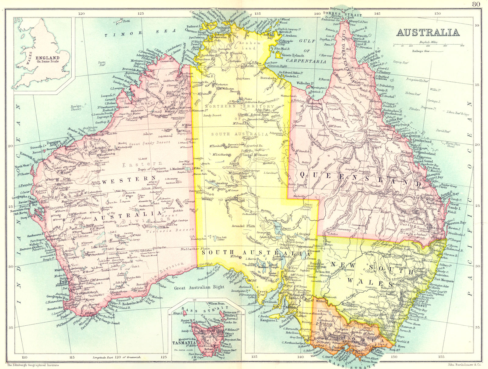 AUSTRALIA. Showing states & territories; Inset England on same scale 1909 map