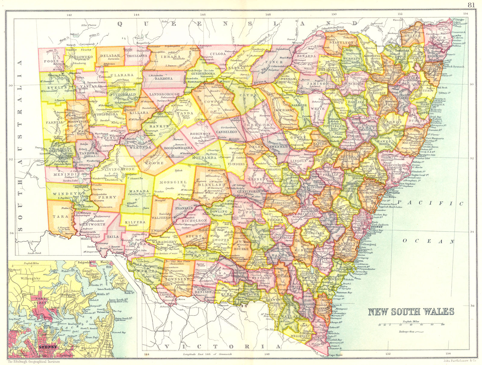 Associate Product NEW SOUTH WALES. State map showing counties; Inset map of Sydney. Australia 1909