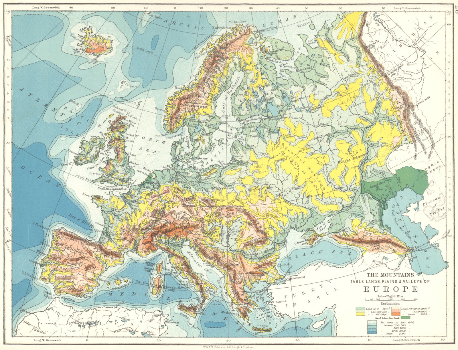 EUROPE. The mountains table lands, plains & valleys of Europe 1897 old map