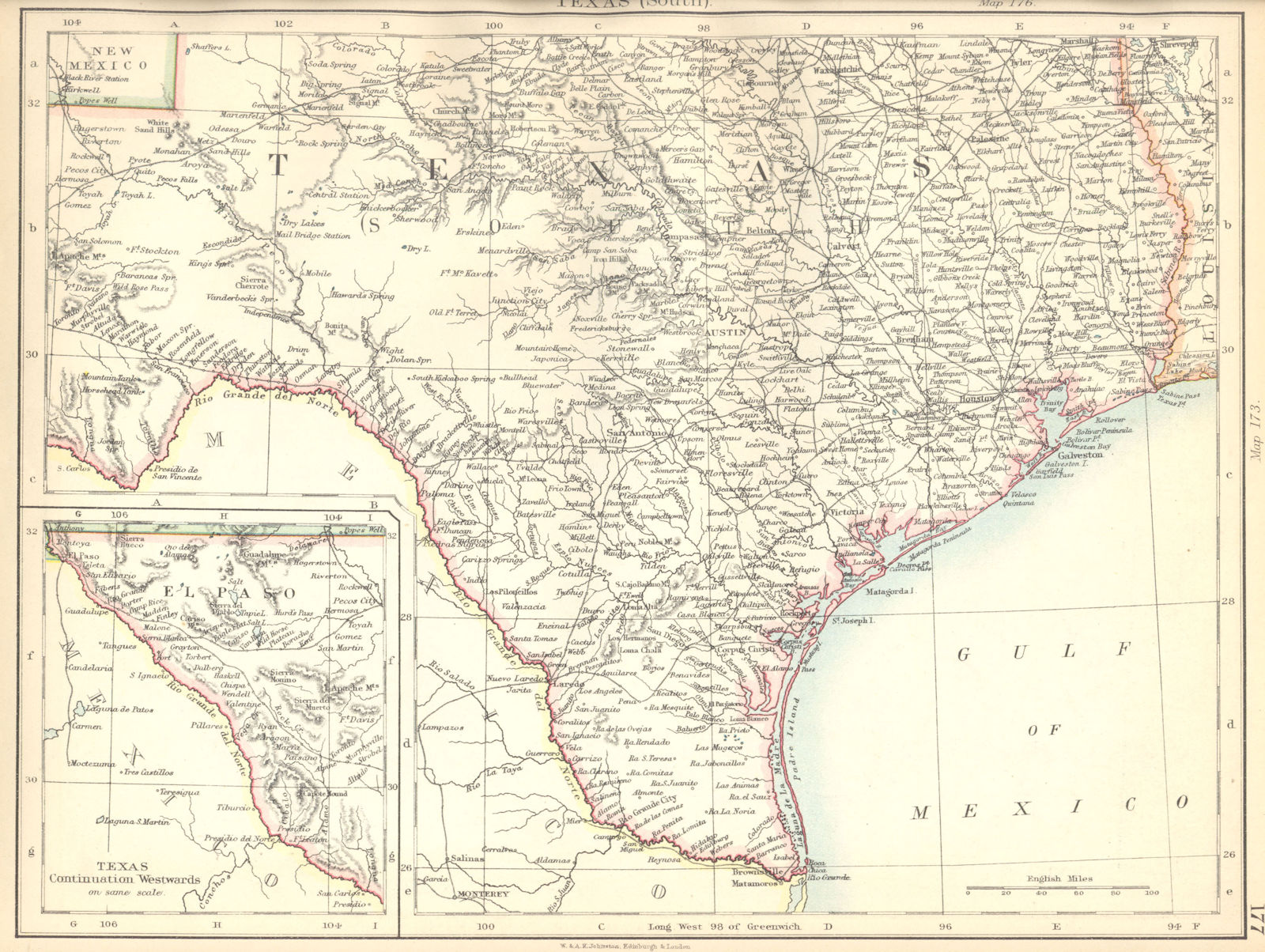 TEXAS. Texas (South)  state map 1897 old antique vintage plan chart