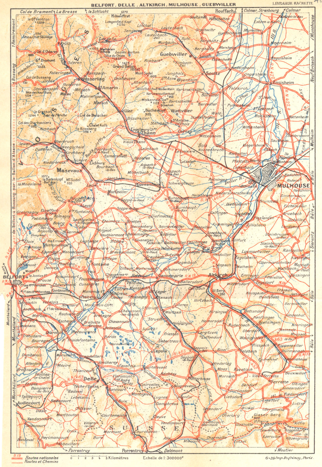HAUT- RHIN. Belfort, Delle, Altkirch, Mulhouse, Guebwiller 1939 old map