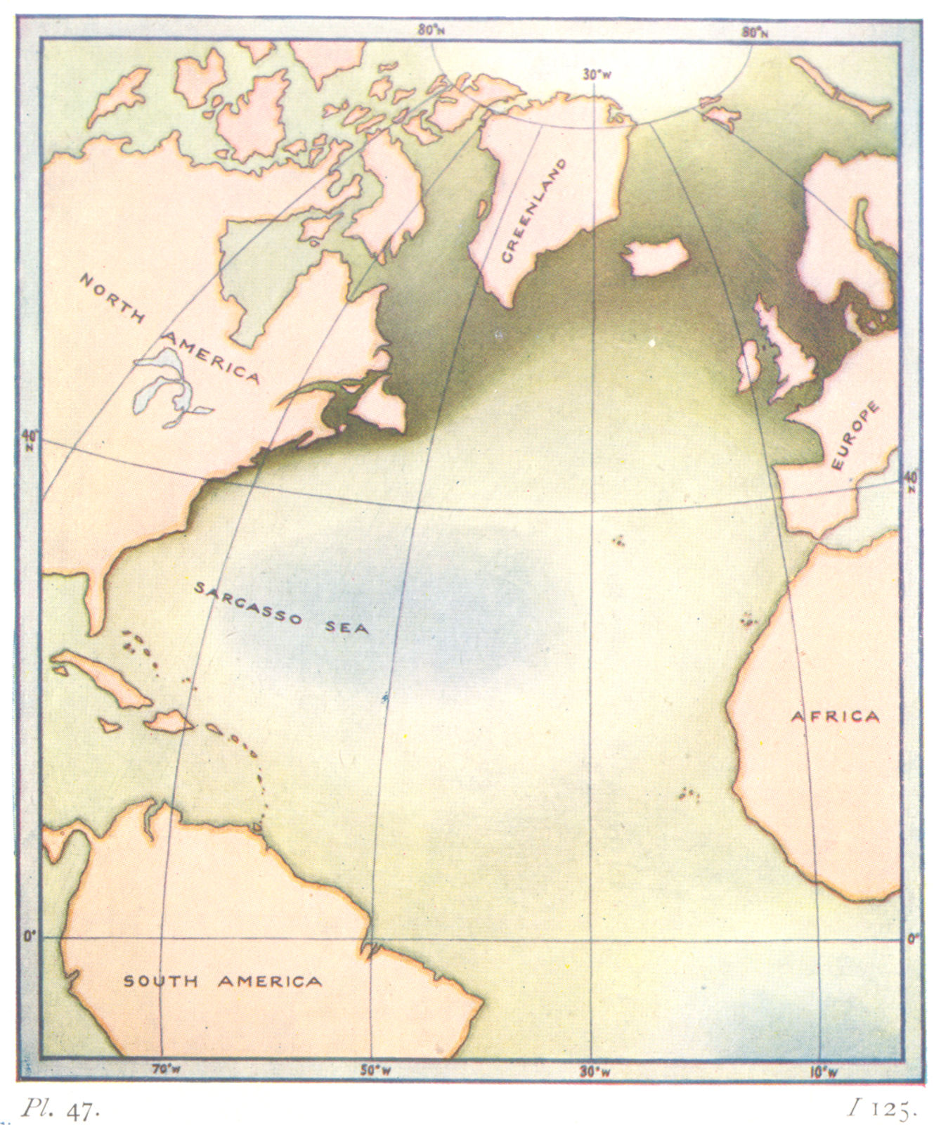 ATLANTIC. Chart Plankton N. Darkest Green, abundant. Blue, scarcest 1936 map