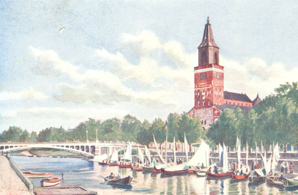 Associate Product FINLAND. Åbo Cathedral, and Market Boats 1908 old antique print picture