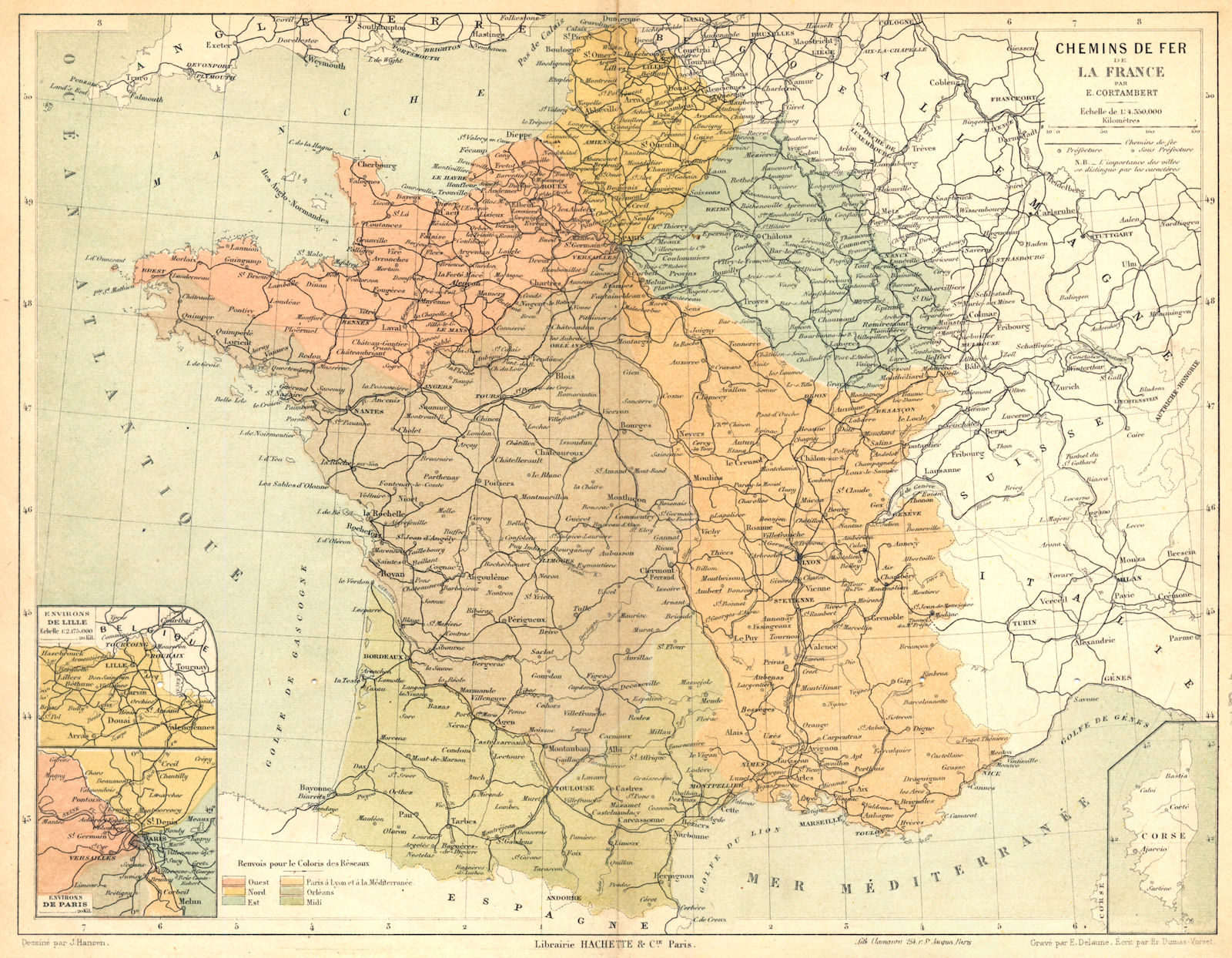 FRANCE. Chemins fer; maps Lille; Paris; Corse (Corsica)  1880 old antique