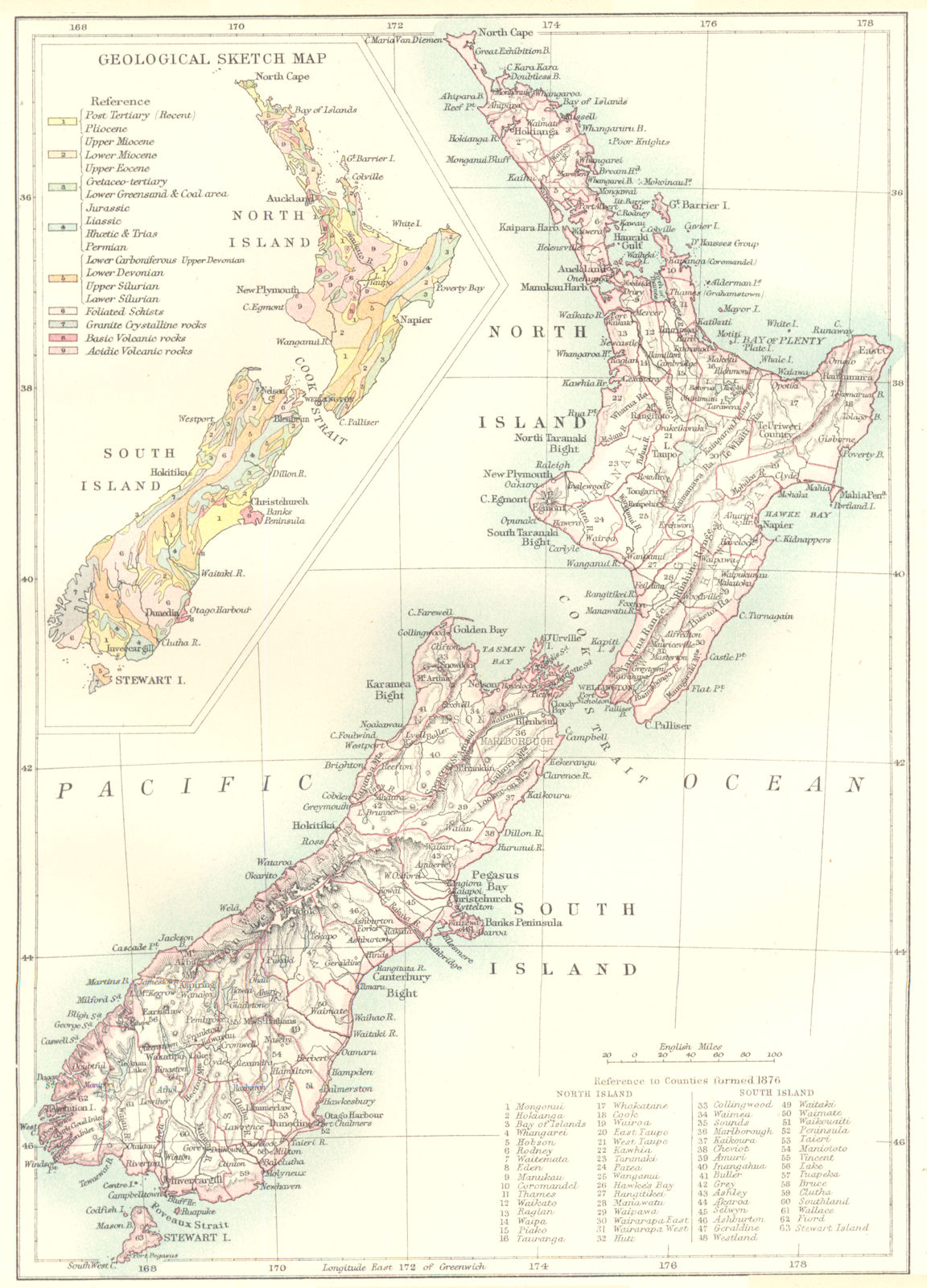 NEW ZEALAND. Britannica 9th edition Inset NZ geological  1898 old antique map