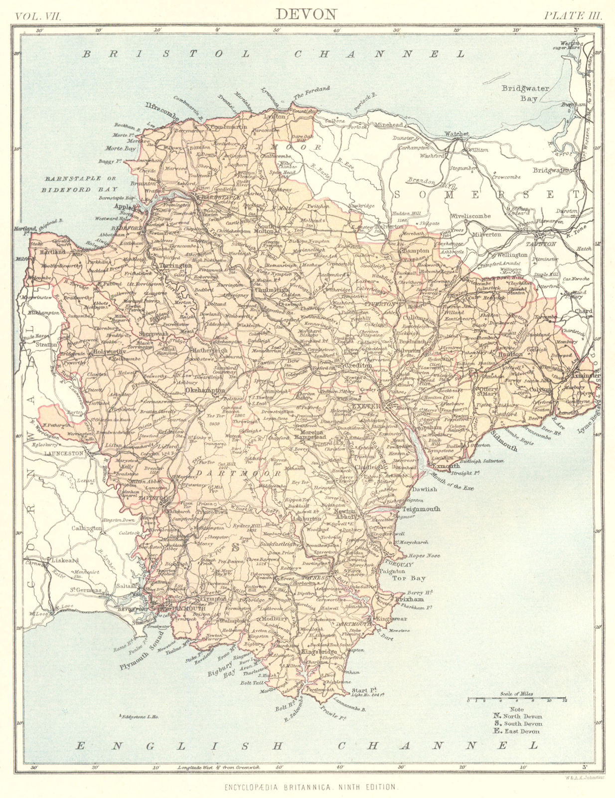 DEVON. Devonshire. Britannica 9th edition County map 1898 old antique