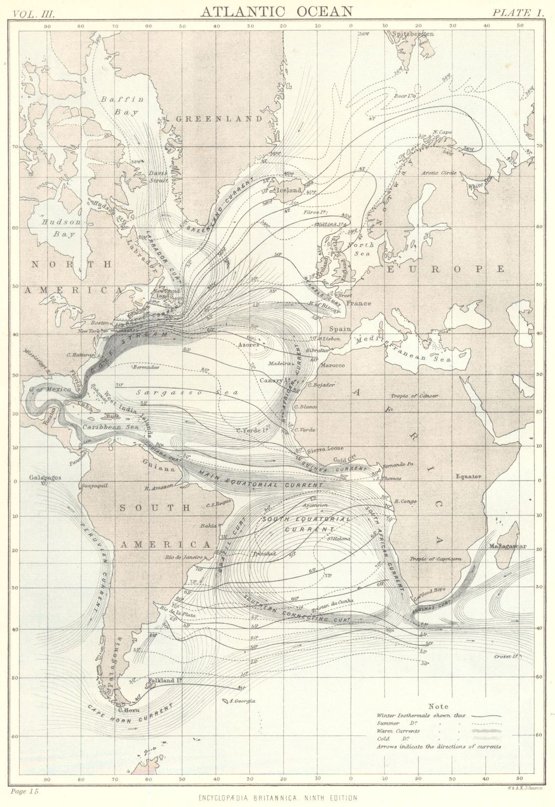 ATLANTIC OCEAN. Showing currents & isothermals. Britannica 9th edition 1898 map