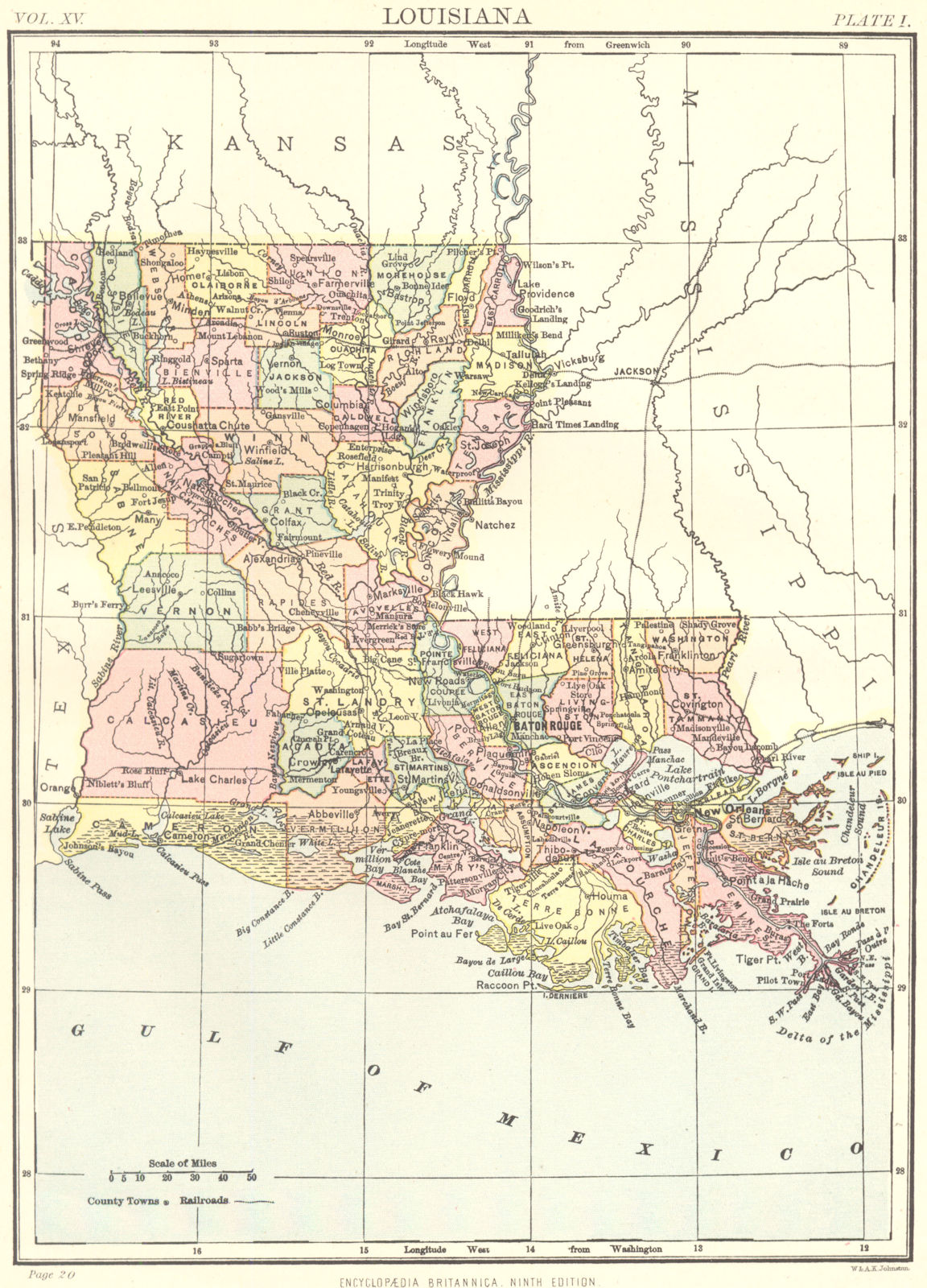 LOUISIANA. State map showing parishes. Britannica 9th edition 1898 old