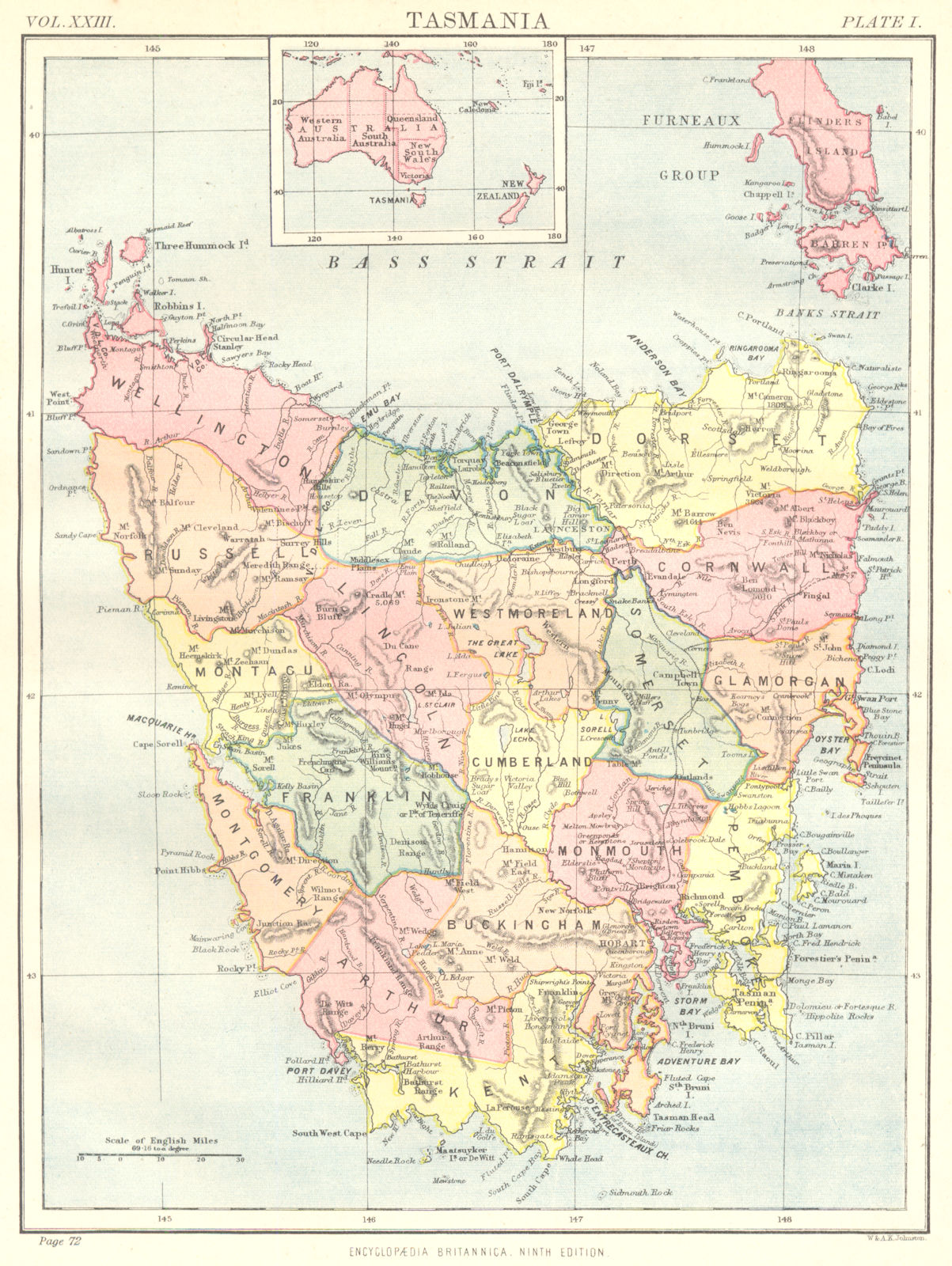 Associate Product TASMANIA. Australia, showing counties. Britannica 9th edition 1898 old map