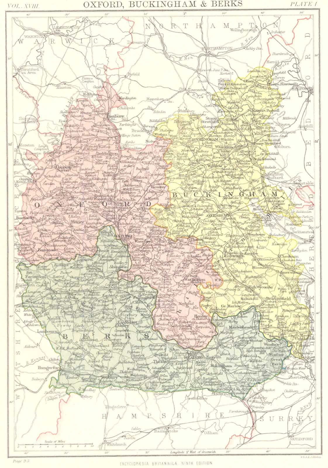 Associate Product OXFORDSHIRE BUCKINGHAMSHIRE BERKSHIRE. county map. Britannica 9th edition 1898