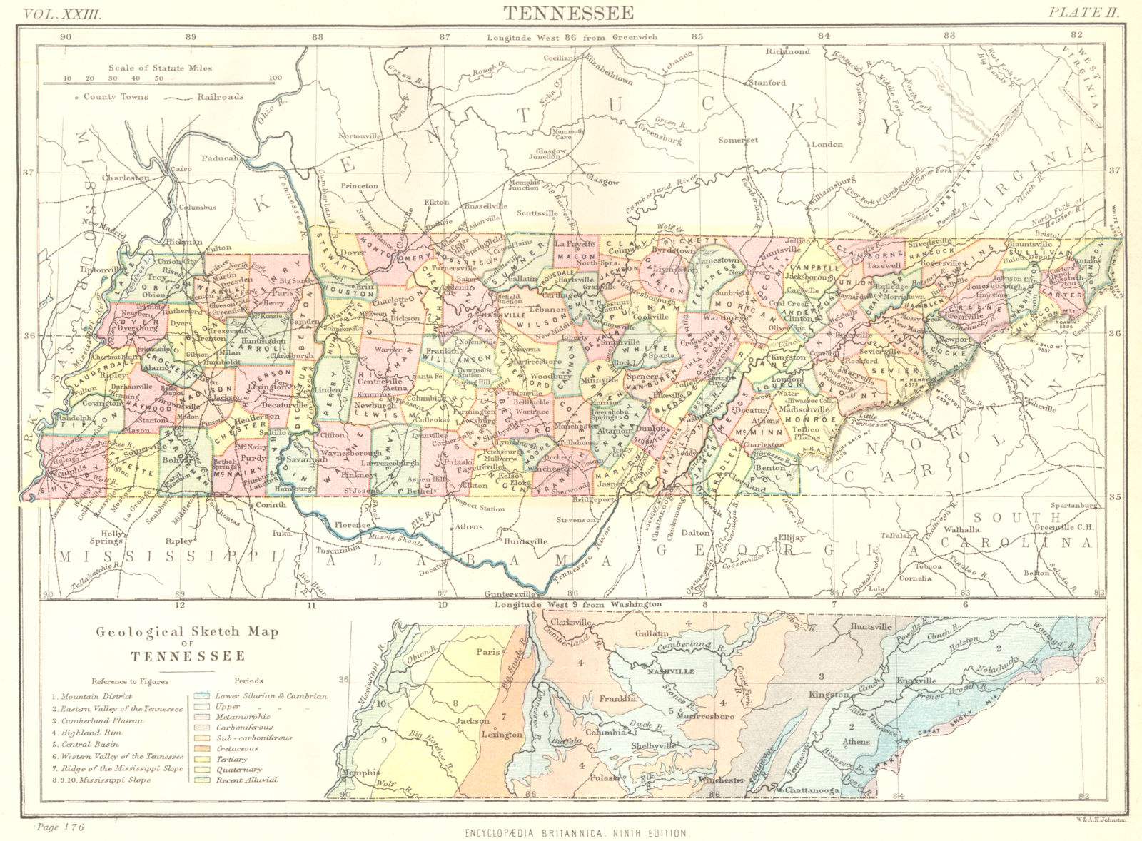 Associate Product TENNESSEE. Showing counties. Geological sketch map. Britannica 9th edition 1898