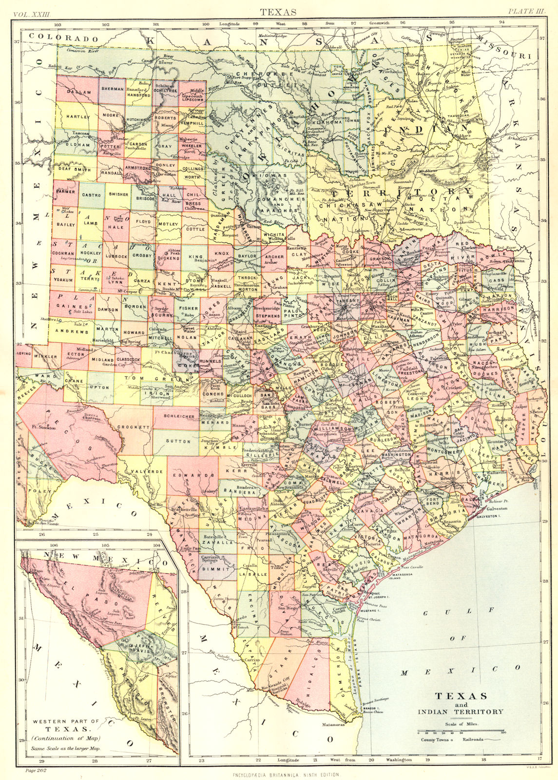 Associate Product TEXAS.Showing counties.Indian Territory;Oklahoma.Britannica 9th edition 1898 map