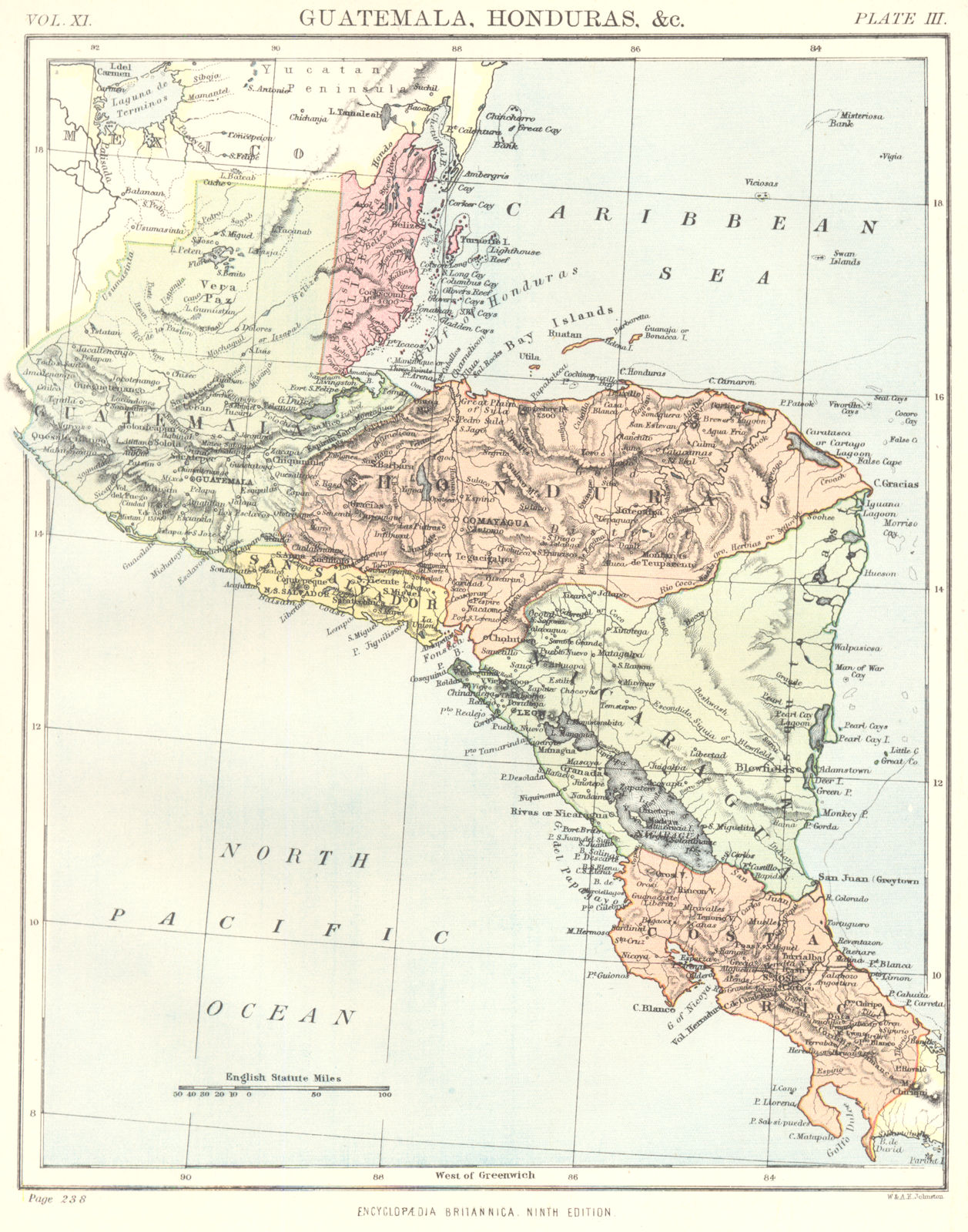 CENTRAL AMERICA. Guatemala Honduras Belize El Salvador Costa Rica 1898 old map