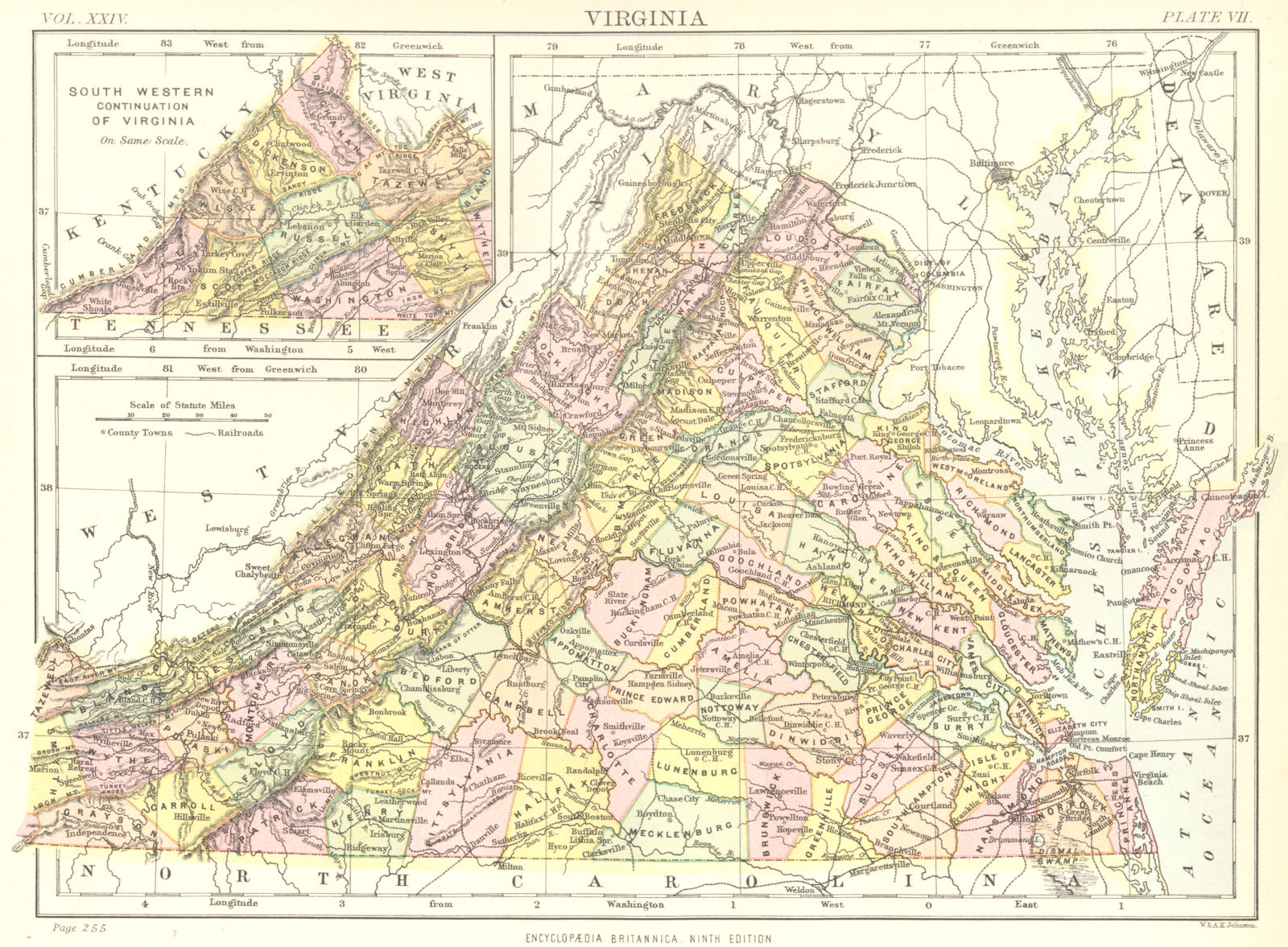 Associate Product VIRGINIA. State map showing counties. Britannica 9th edition 1898 old