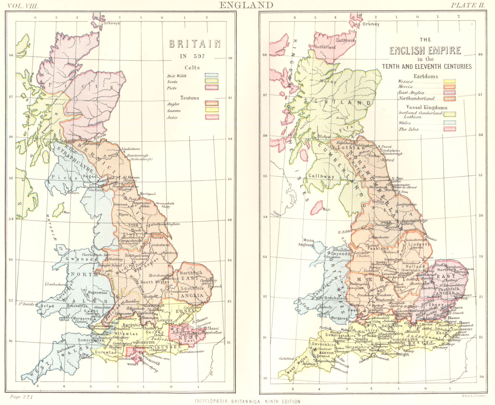 GREAT BRITAIN. in 597 tribes Celts Teutons.English Empire.10-11C earls 1898 map