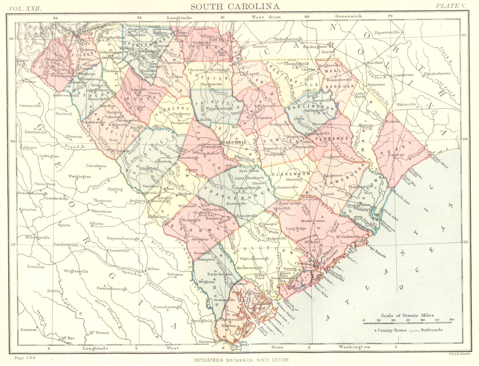 SOUTH CAROLINA. State map showing counties. Britannica 9th edition 1898