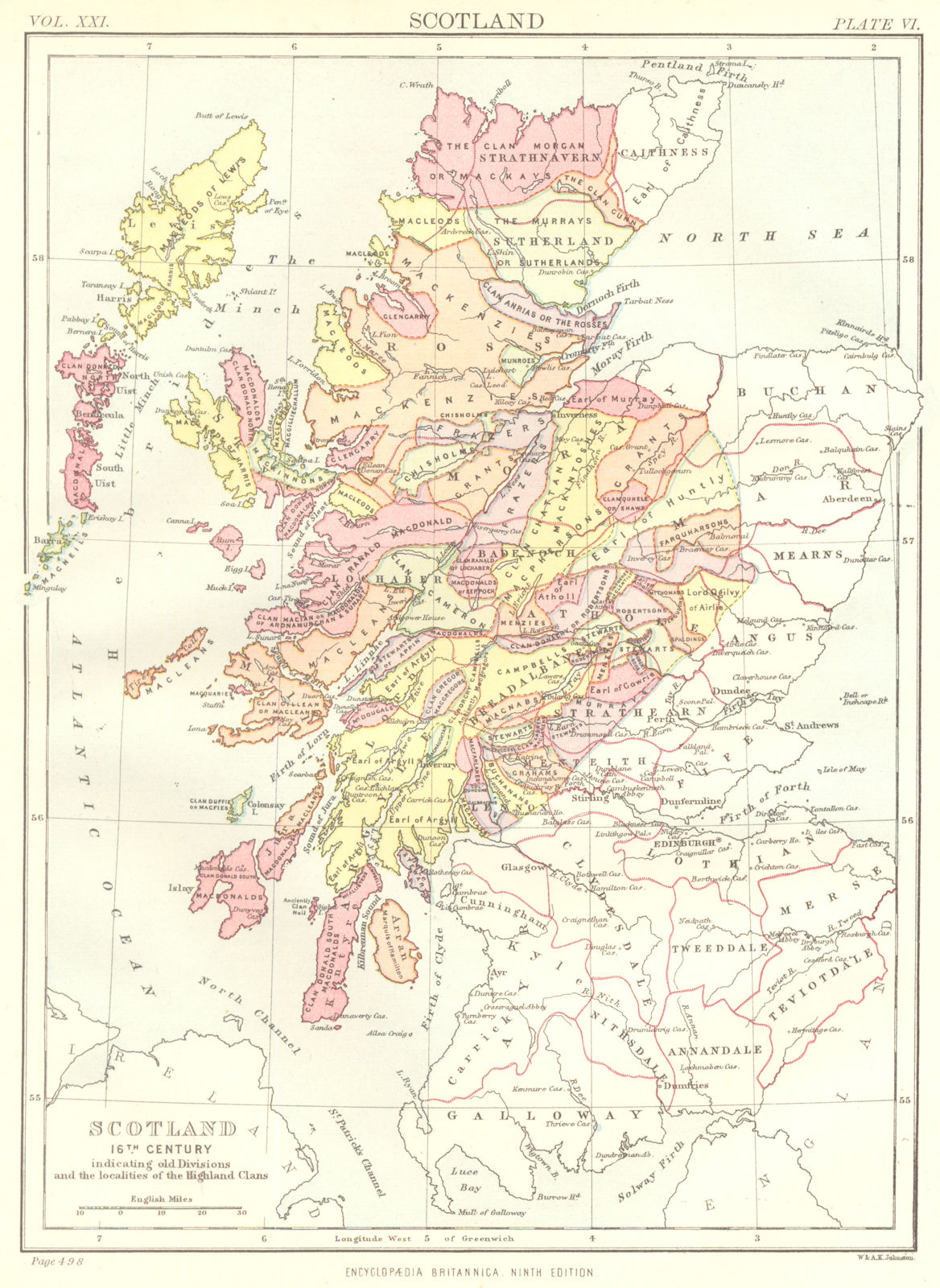 16TH CENTURY SCOTLAND. Showing old divisions localities Highland Clans. 1898 map