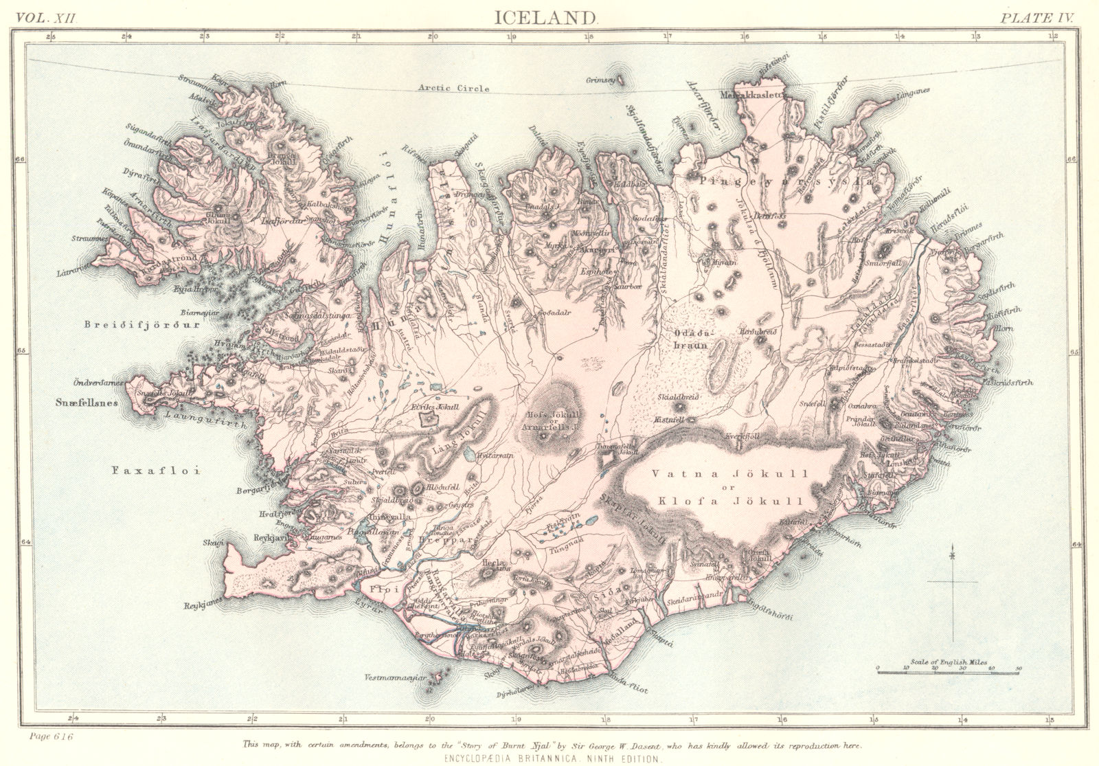 ICELAND. Britannica 9th edition Sir  George Dasent 1898 old antique map chart
