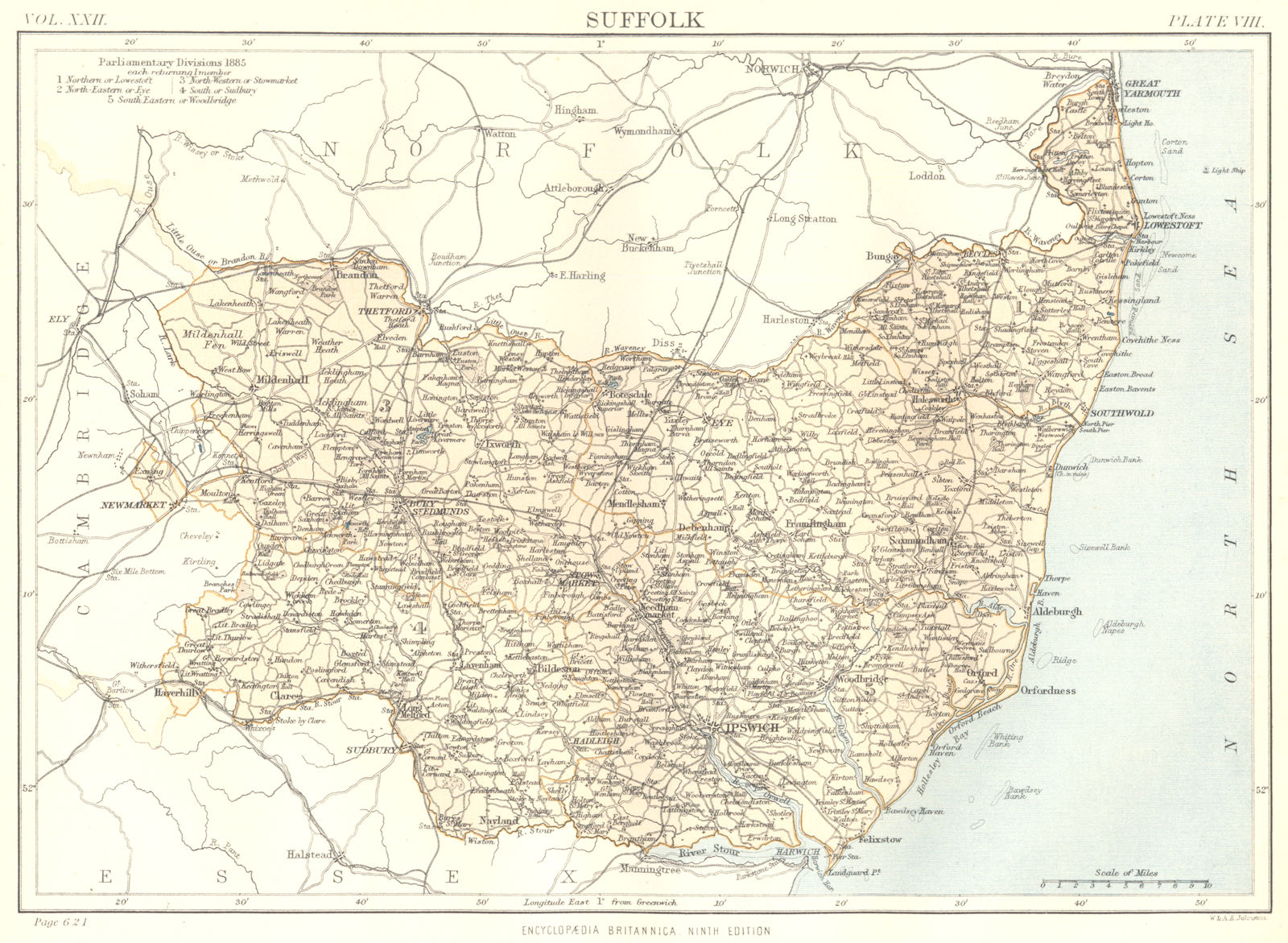 Associate Product SUFFOLK. Showing 1885 Parliamentary divisions. Britannica 9th ed.County map 1898