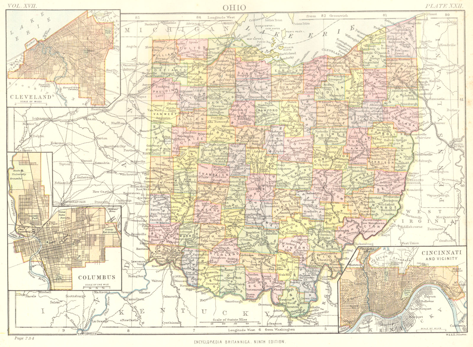 OHIO. State map showing counties. Inset Cleveland; Columbus; Cincinnati 1898