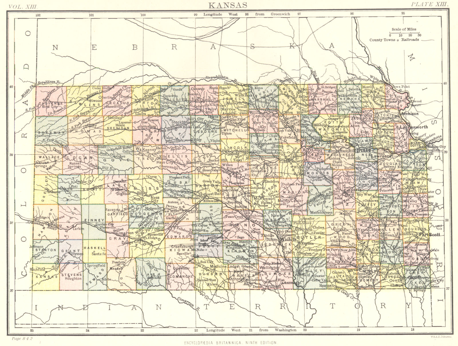 Associate Product KANSAS. State map showing counties. Britannica 9th edition 1898 old