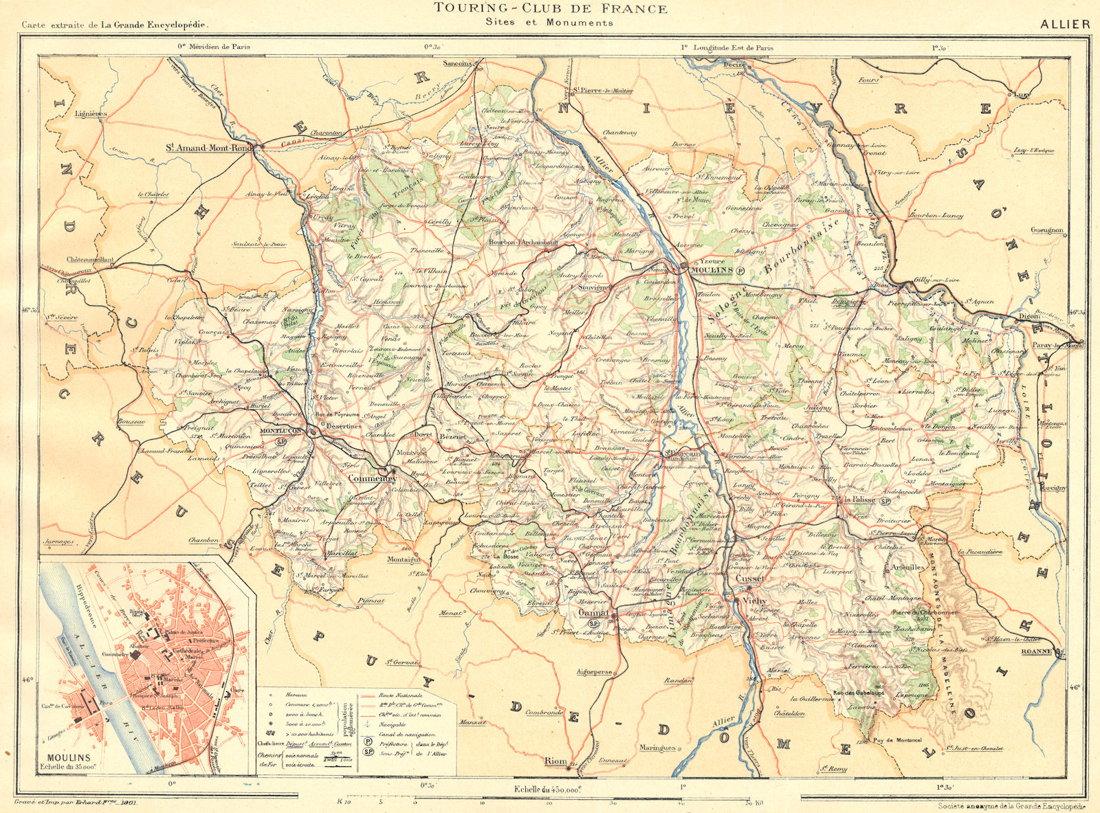Associate Product ALLIER. Département ; Inset plan of Moulins 1905 old antique map chart