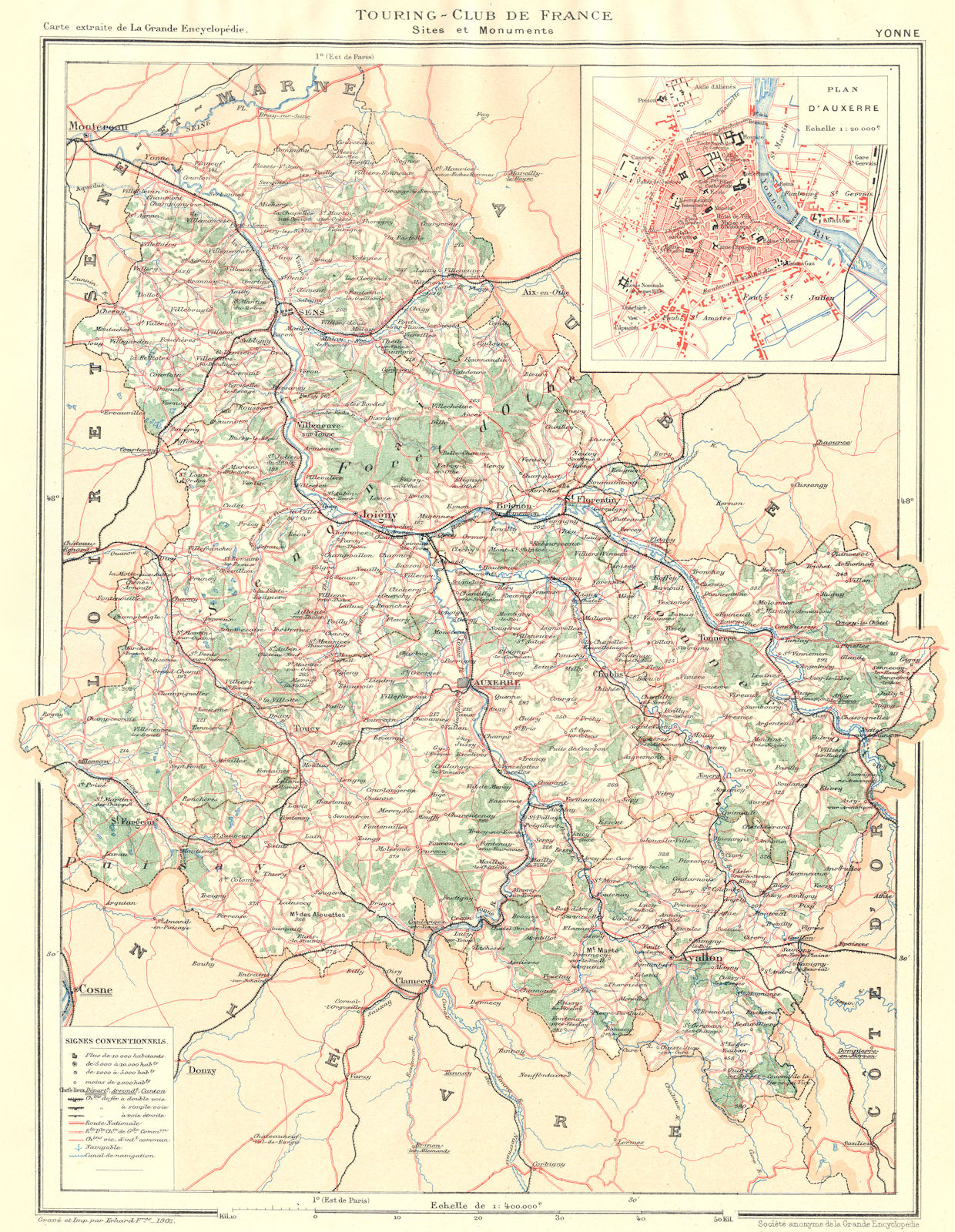 Associate Product YONNE. Département. Inset city town map plan of Plan D'Auxerre 1905 old