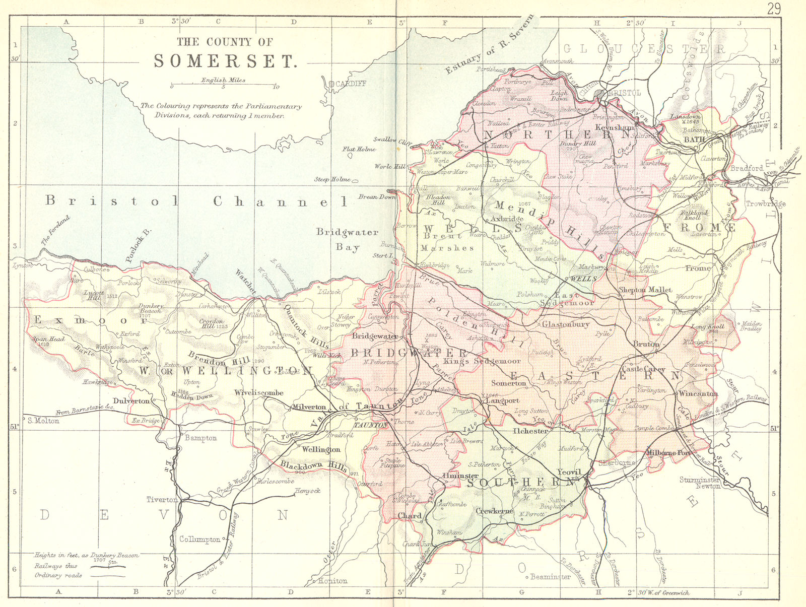 SOMERSET. Philip. County map. Coloured 1888 old antique vintage plan chart