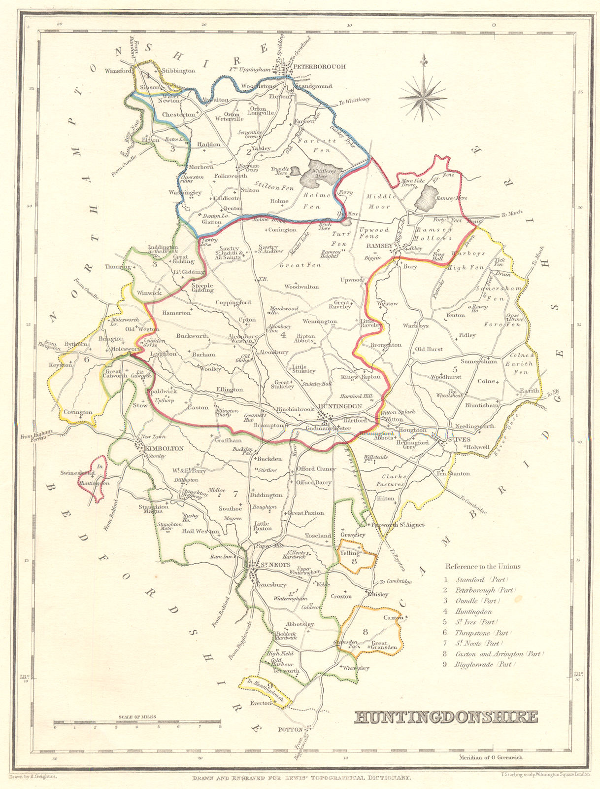 HUNTINGDONSHIRE. Hunts. Lewis. Original Outline Colouring 1849 old antique map