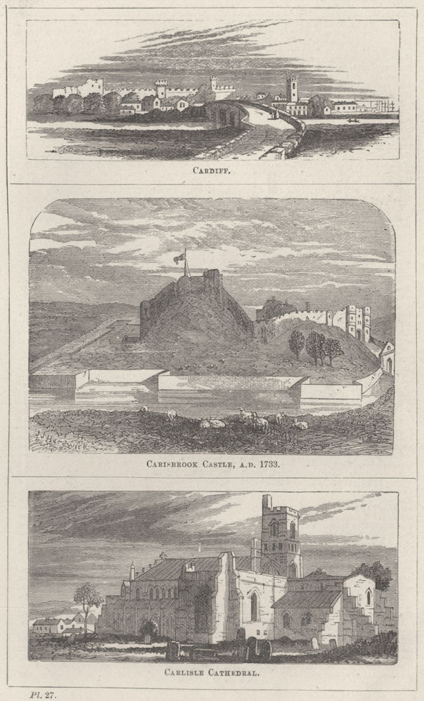 Associate Product ISLE WIGHT. Cardiff; Carisbrook Castle. 1733; Carlisle cath.  1870 old print
