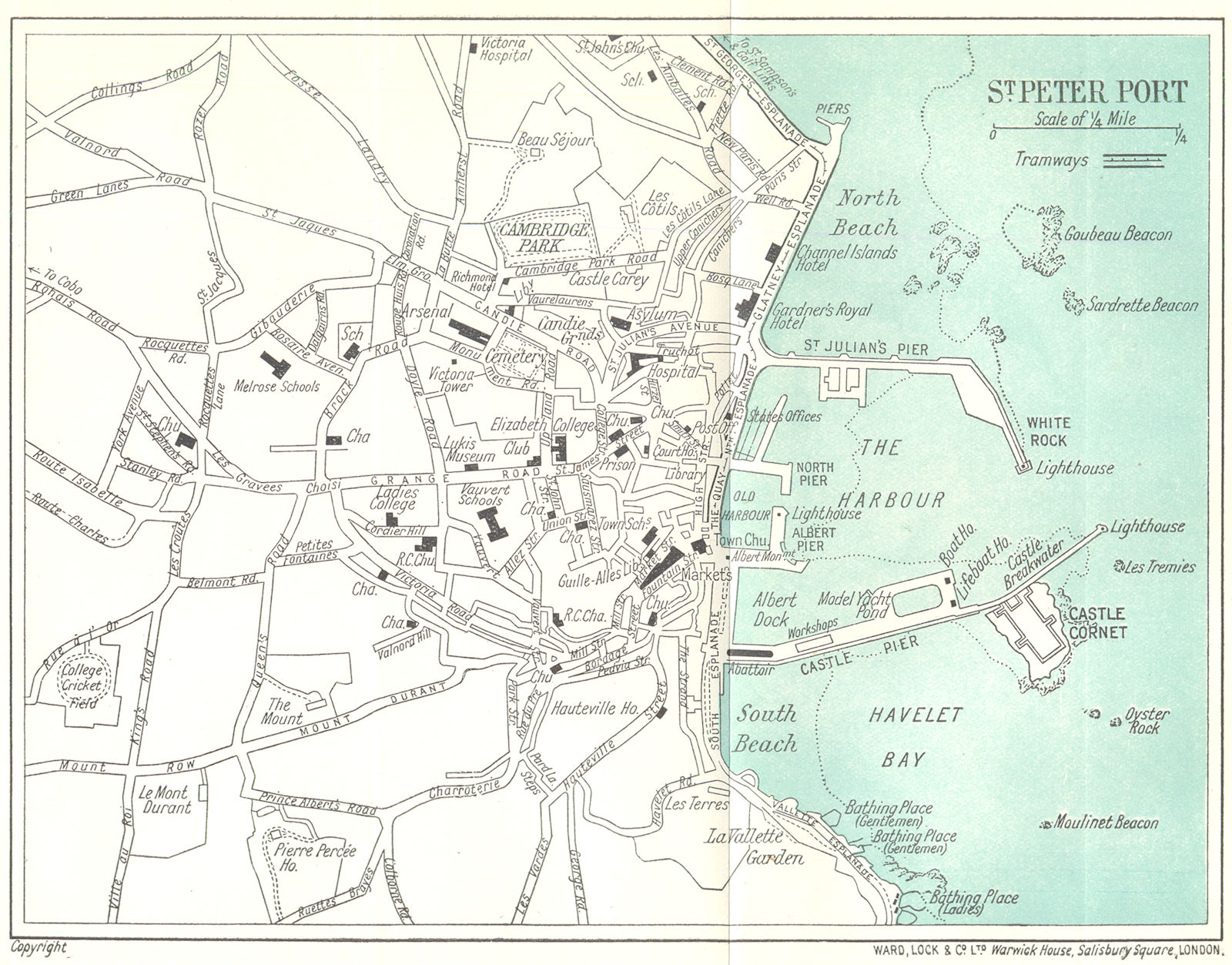 ST PETER PORT vintage town plan. Guernsey Channel Islands. WARD LOCK 1925 map