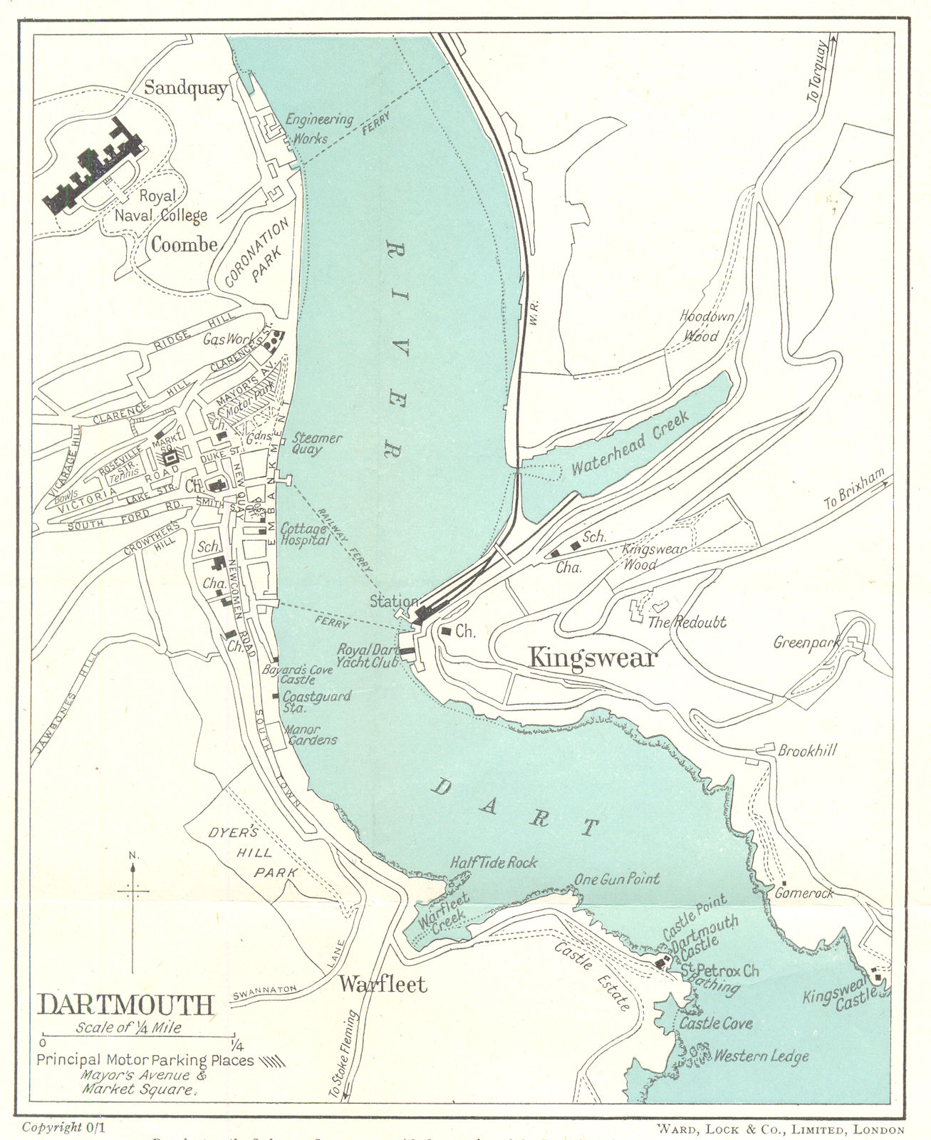 DARTMOUTH vintage town/city plan. Kingswear. Devon. WARD LOCK 1952 old map