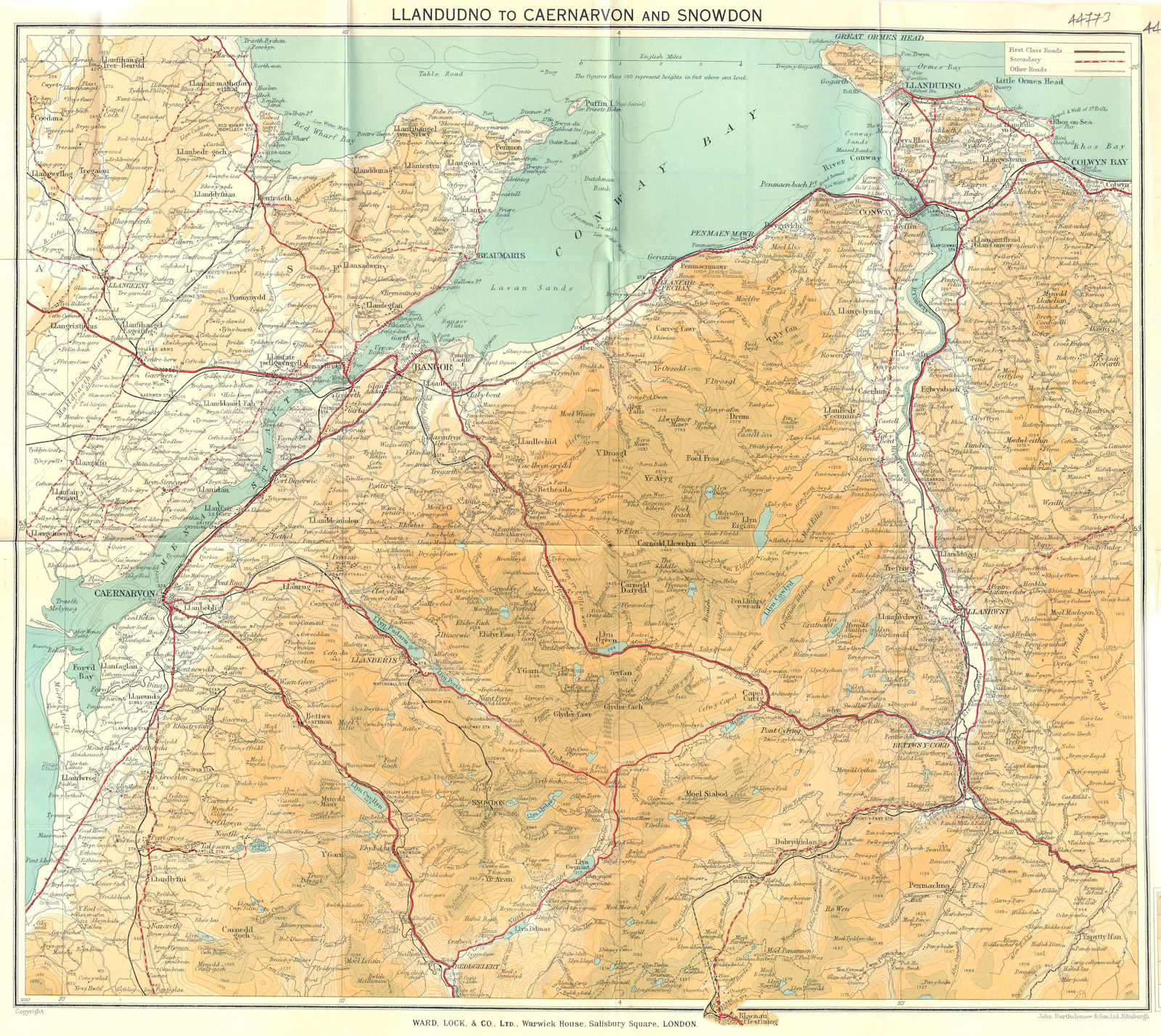 WALES. Llandudno to Caernarvon and Snowdon. WARD LOCK 1936 old vintage map