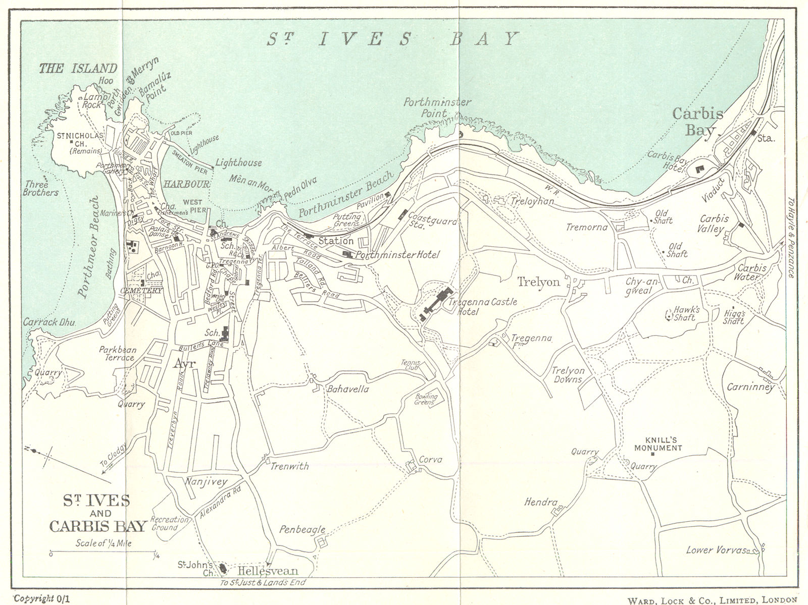 ST. IVES AND CARBIS BAY vintage town/city plan. Cornwall. WARD LOCK 1952 map