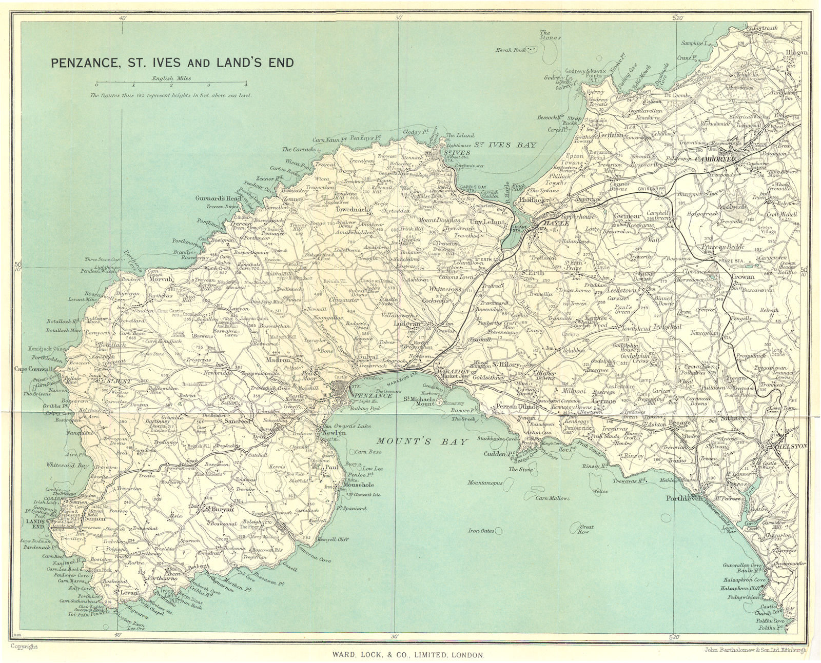Associate Product CORNWALL. Penzance, St. Ives and Land's End. Camborne. WARD LOCK 1952 old map