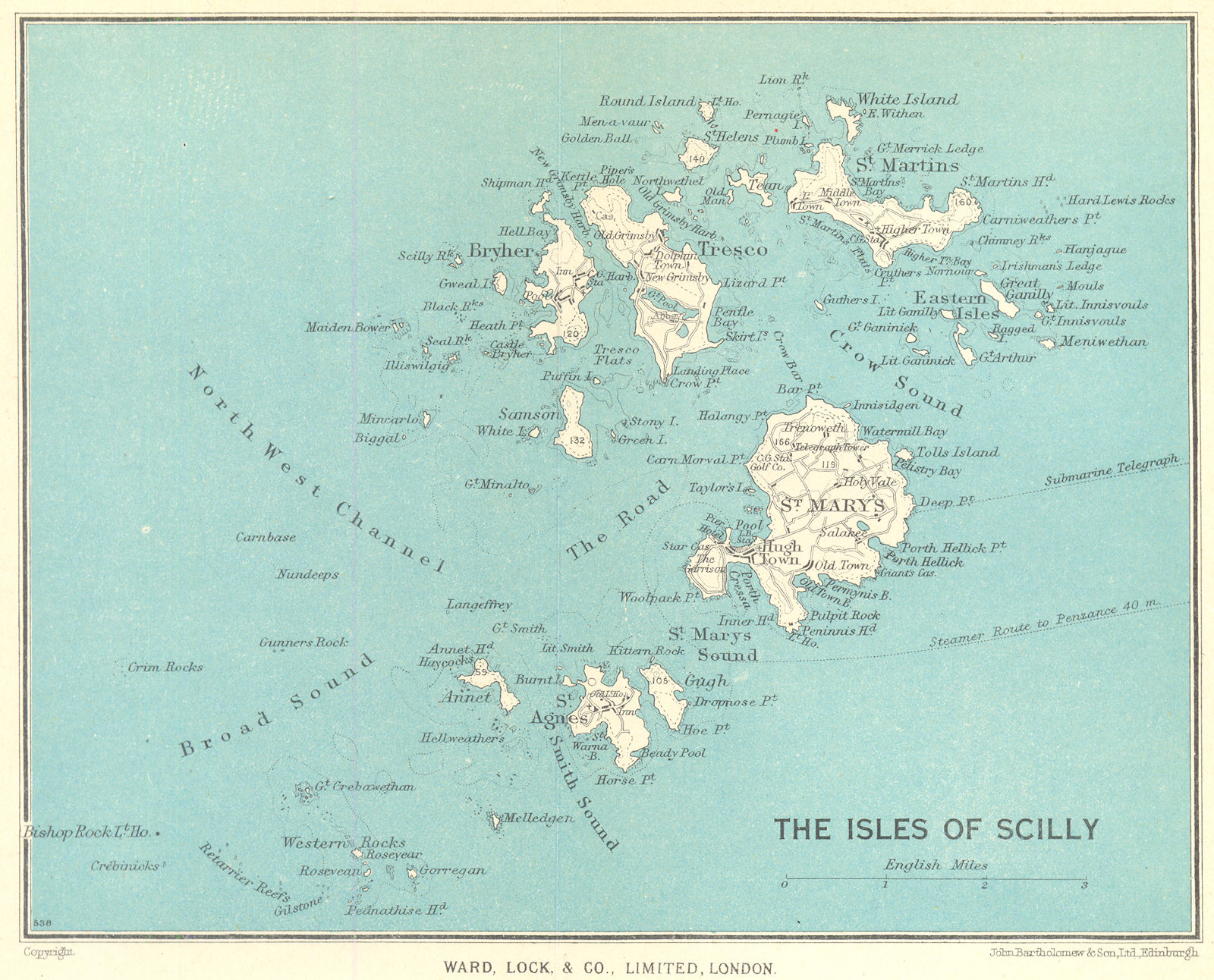 ISLES OF SCILLY.St Mary's Tresco St Agnes St Martin's Bryher.WARD LOCK 1952 map