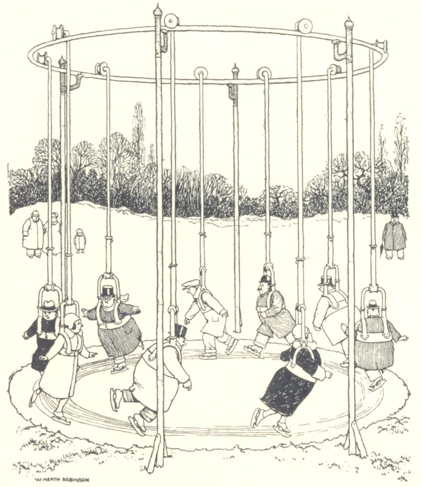 HEATH ROBINSON. The new overhead system for skating on thin ice. SMALL 1935