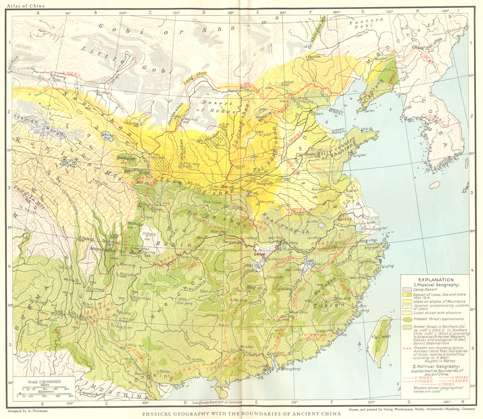 Physical Geography & boundaries of Ancient China. Range of Elephants 1935 map