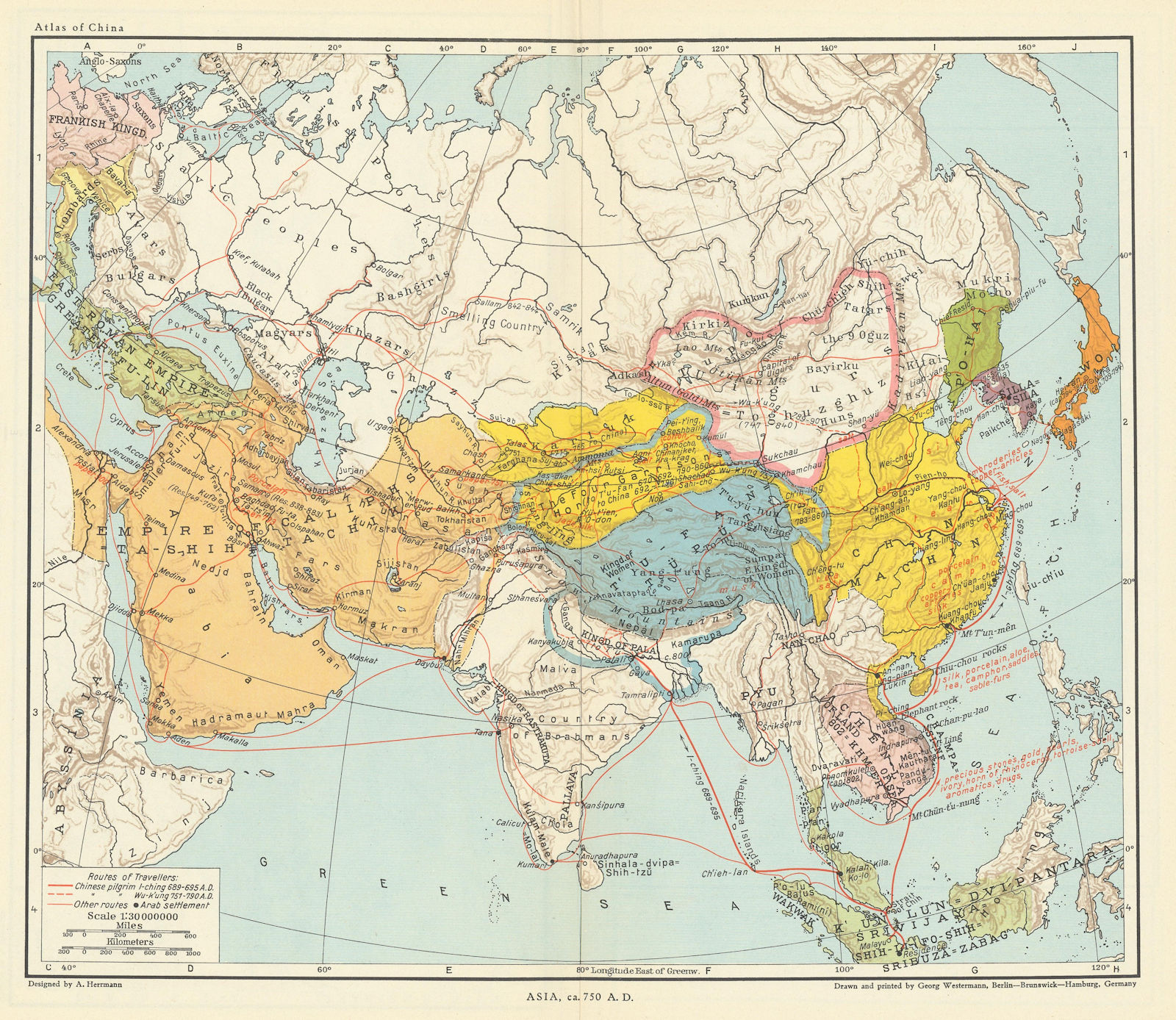 Associate Product Asia c750AD Chin Machin Chen-la Tu-fan Caliphs Empire pilgrim routes 1935 map