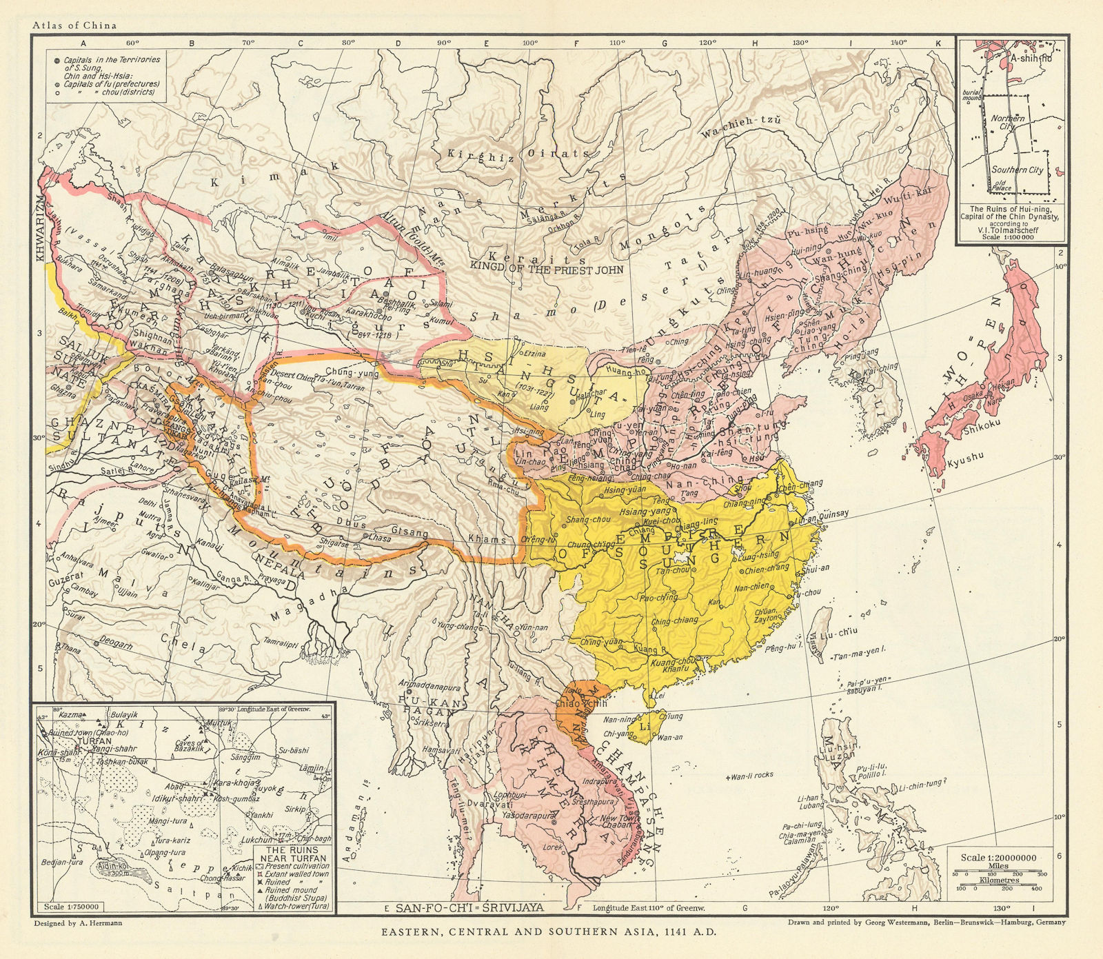 China. Chin & Southern Sung Empires 1141 AD. Turpan & Huining Fu ruins 1935 map