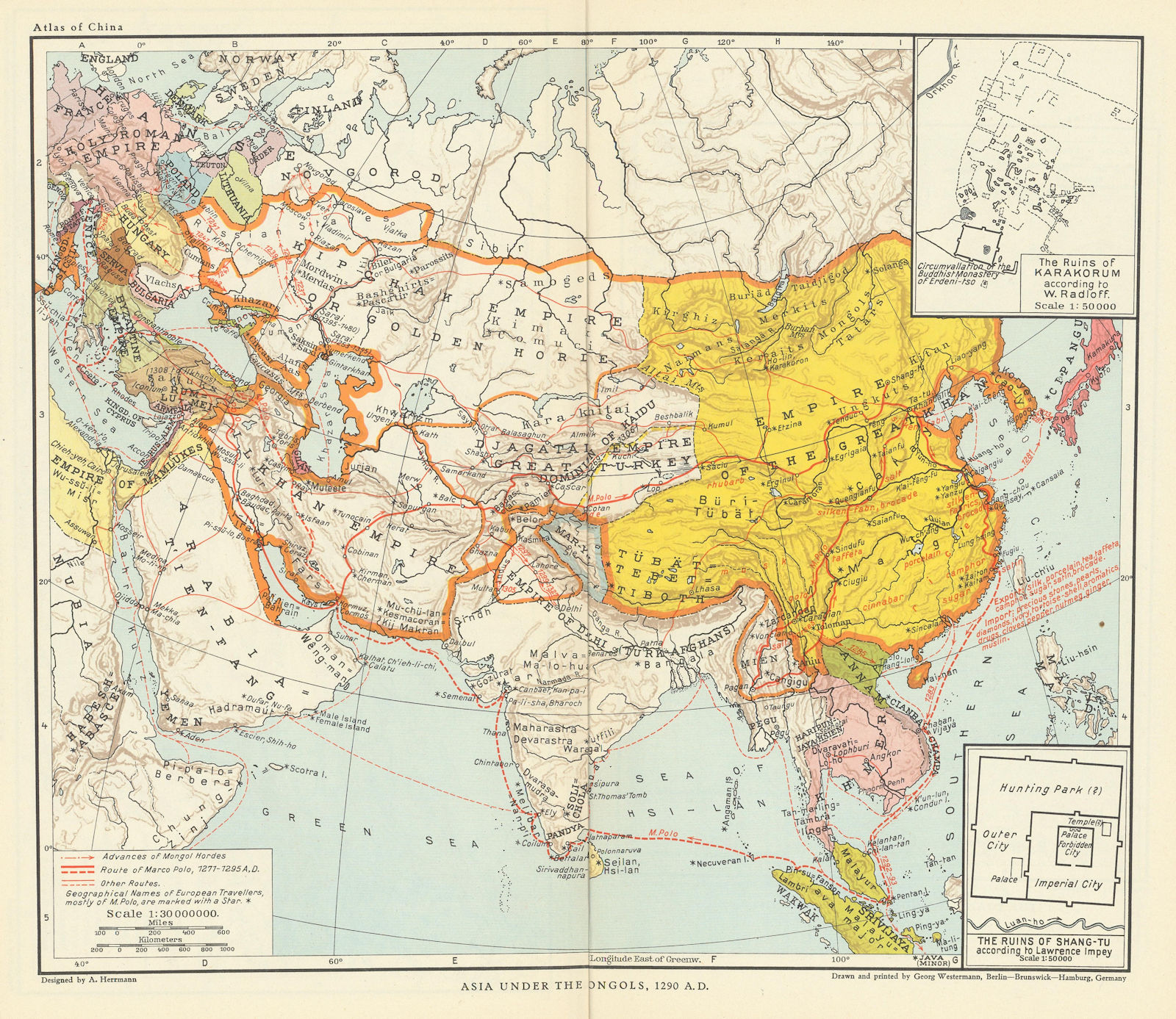 Asia under the Mongols 1290 AD. Xanadu & Karakorum ruins. China 1935 old map